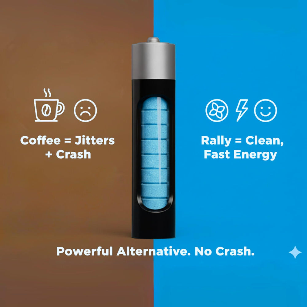 Front view of Rally Energy Caffeine Mints packaging highlighting natural wintergreen flavor.