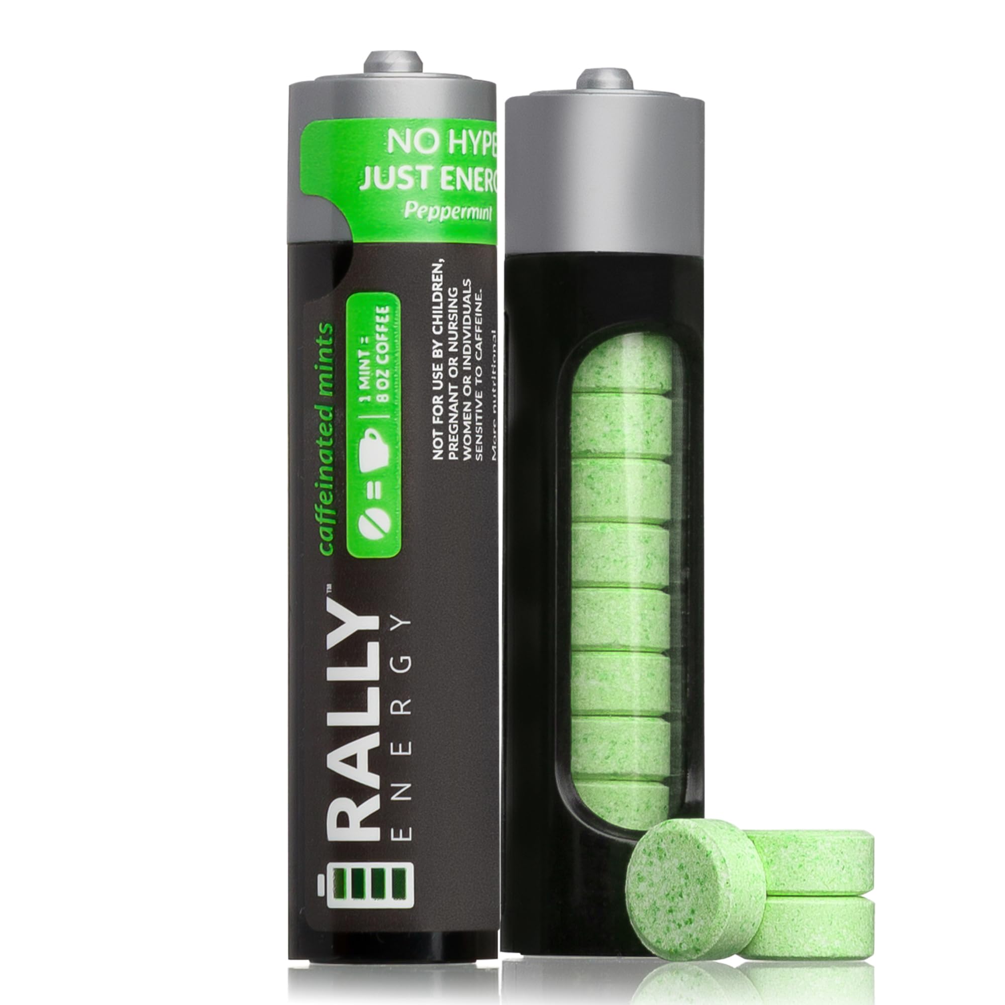 Rally Energy caffeine mints pack shot showing two tins for quick energy and breath refreshment.
