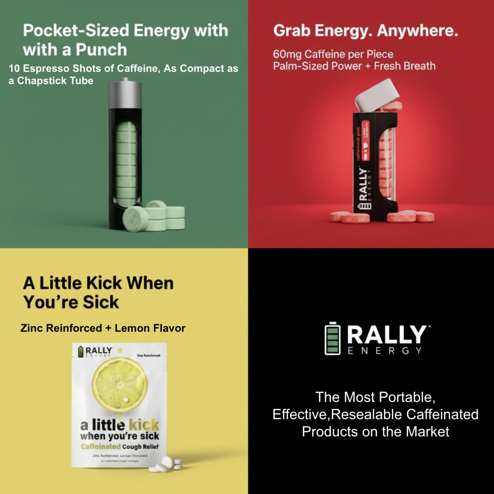 Six-pack variety box of Rally Energy mints for daily choices.