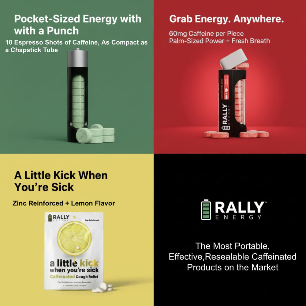 Six-pack variety box of Rally Energy mints for daily choices.