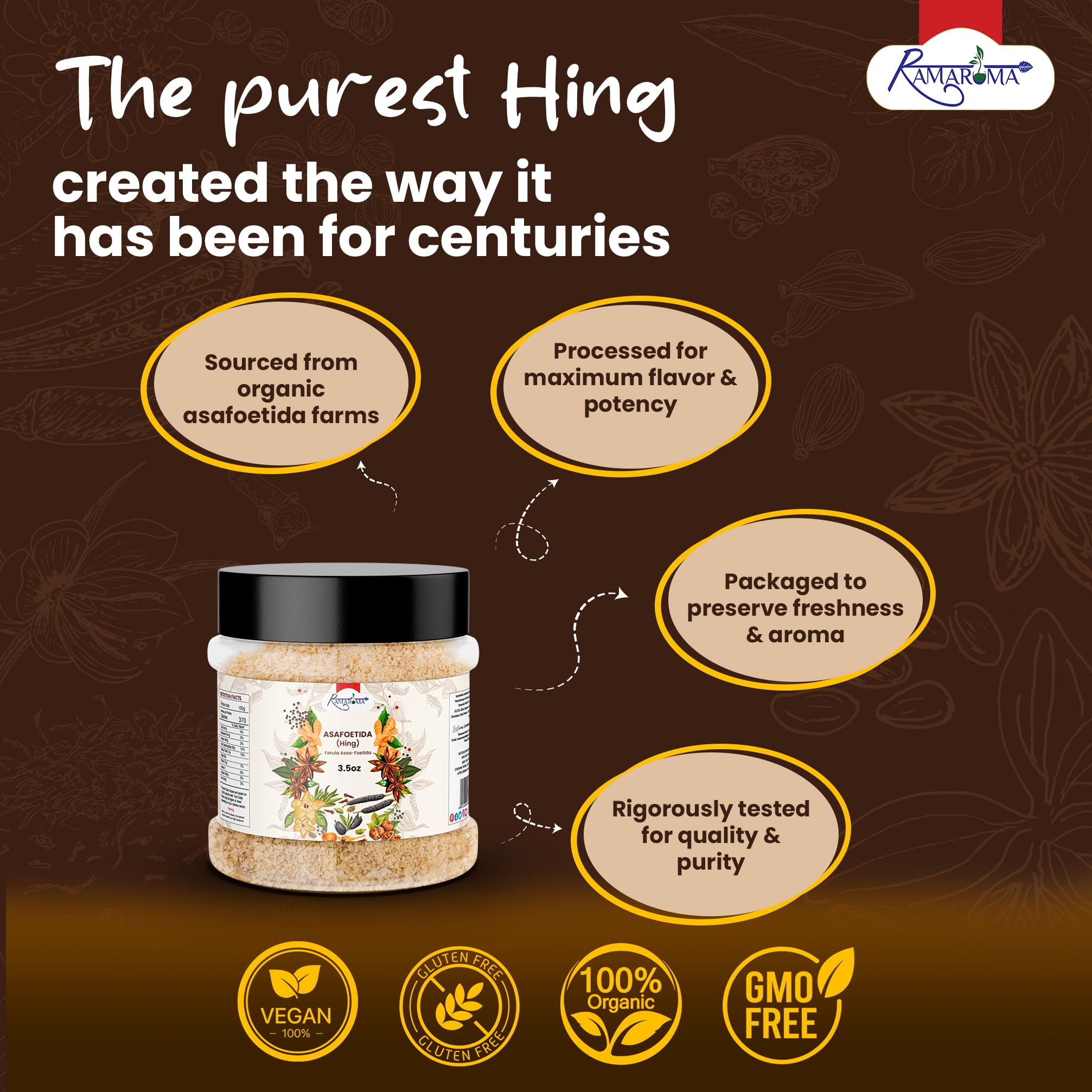 Kitchen labeled spice jars featuring Ramaroma Hing among essentials