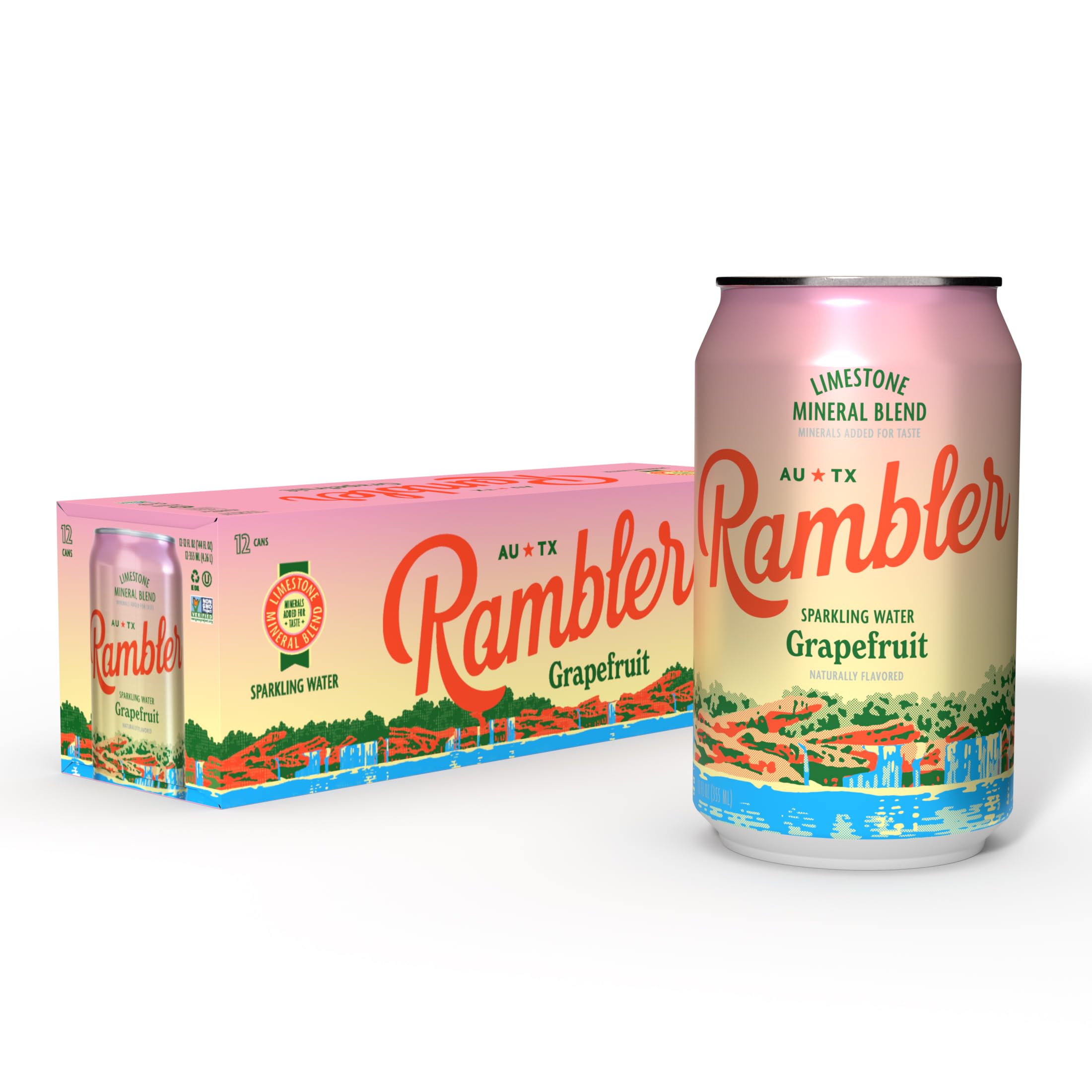 RAMBLER AUTX 12-pack cans offer clean, refreshing hydration.