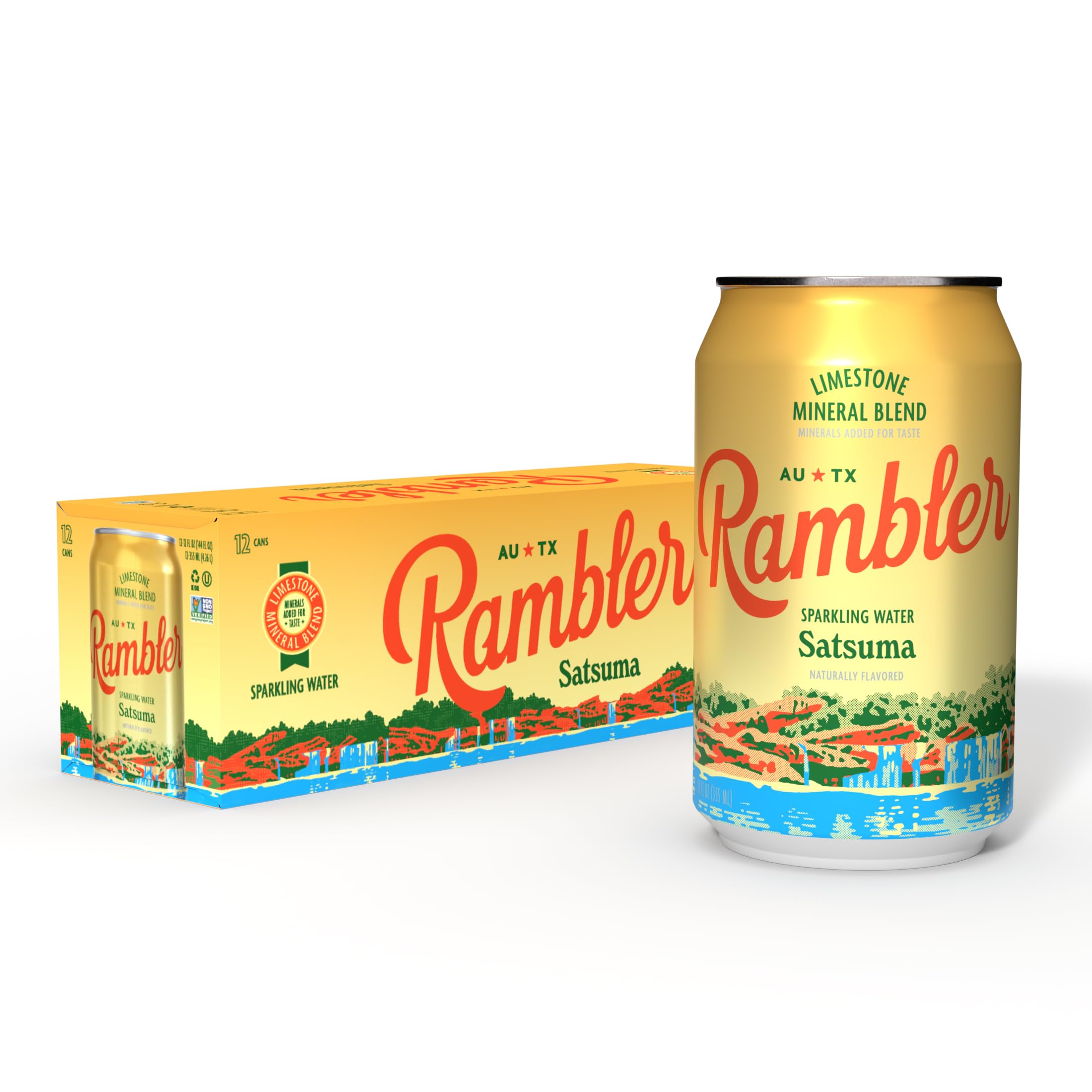 RAMBLER AUTX sparkling water label close-up showing mineral blend for a clean taste