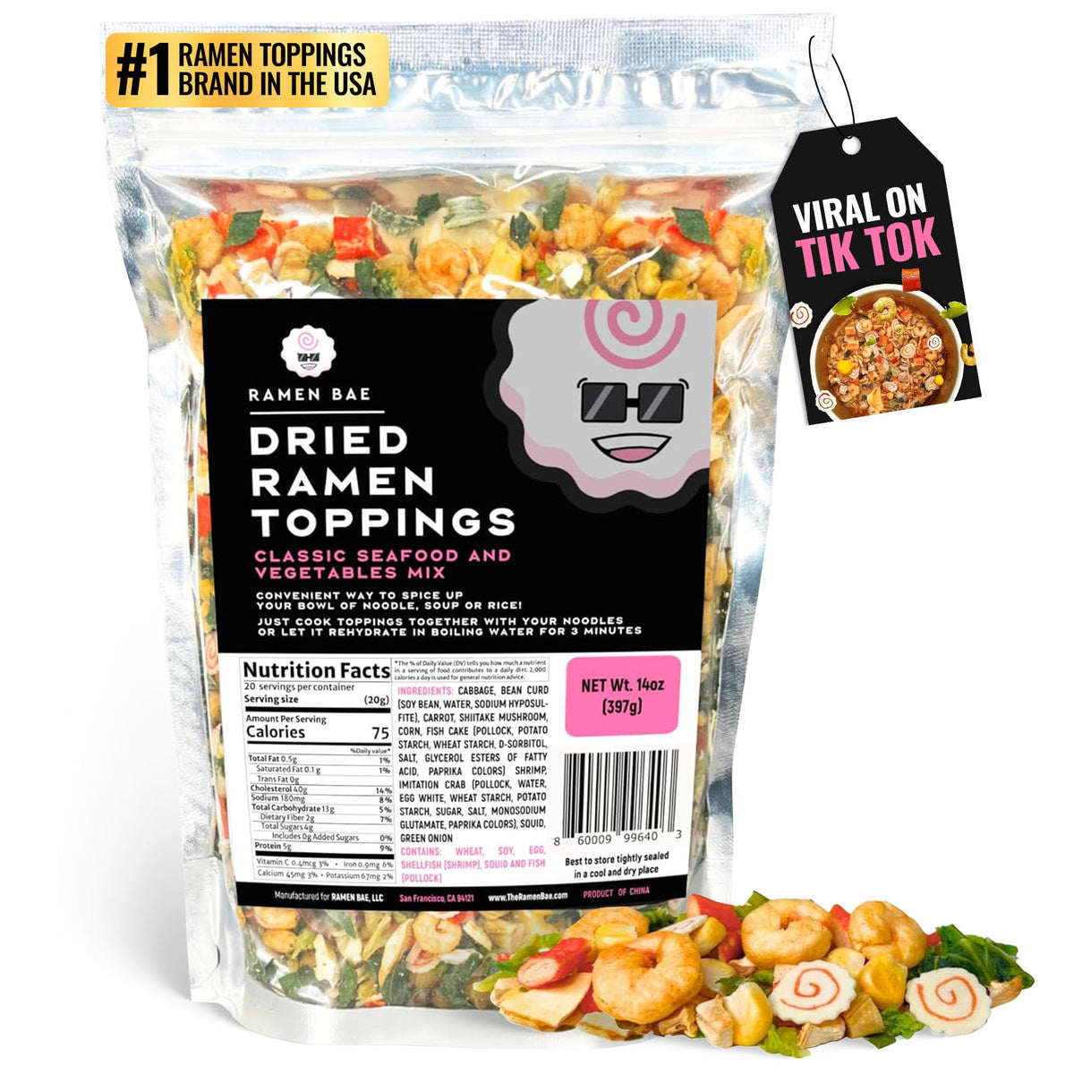 Ramen Bae Classic Seafood Veggie Mix bag front, convenient pantry staple