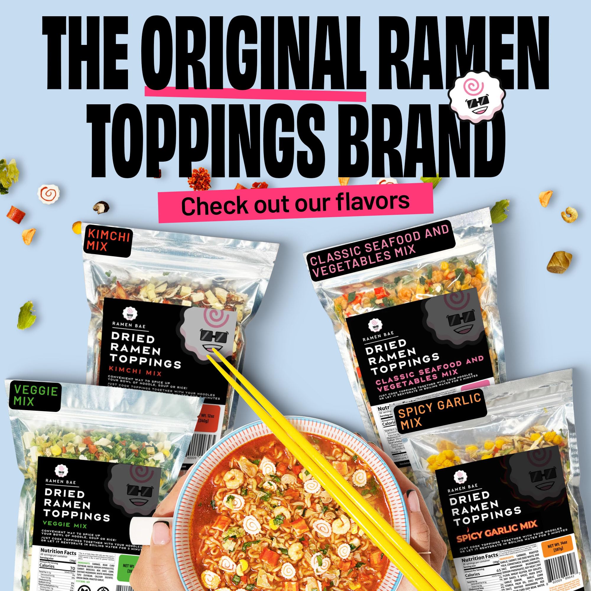 Ramen Bae bag beside bowl shows multi-use topping