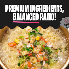 Ramen Bae toppings being poured into hot broth for quick prep