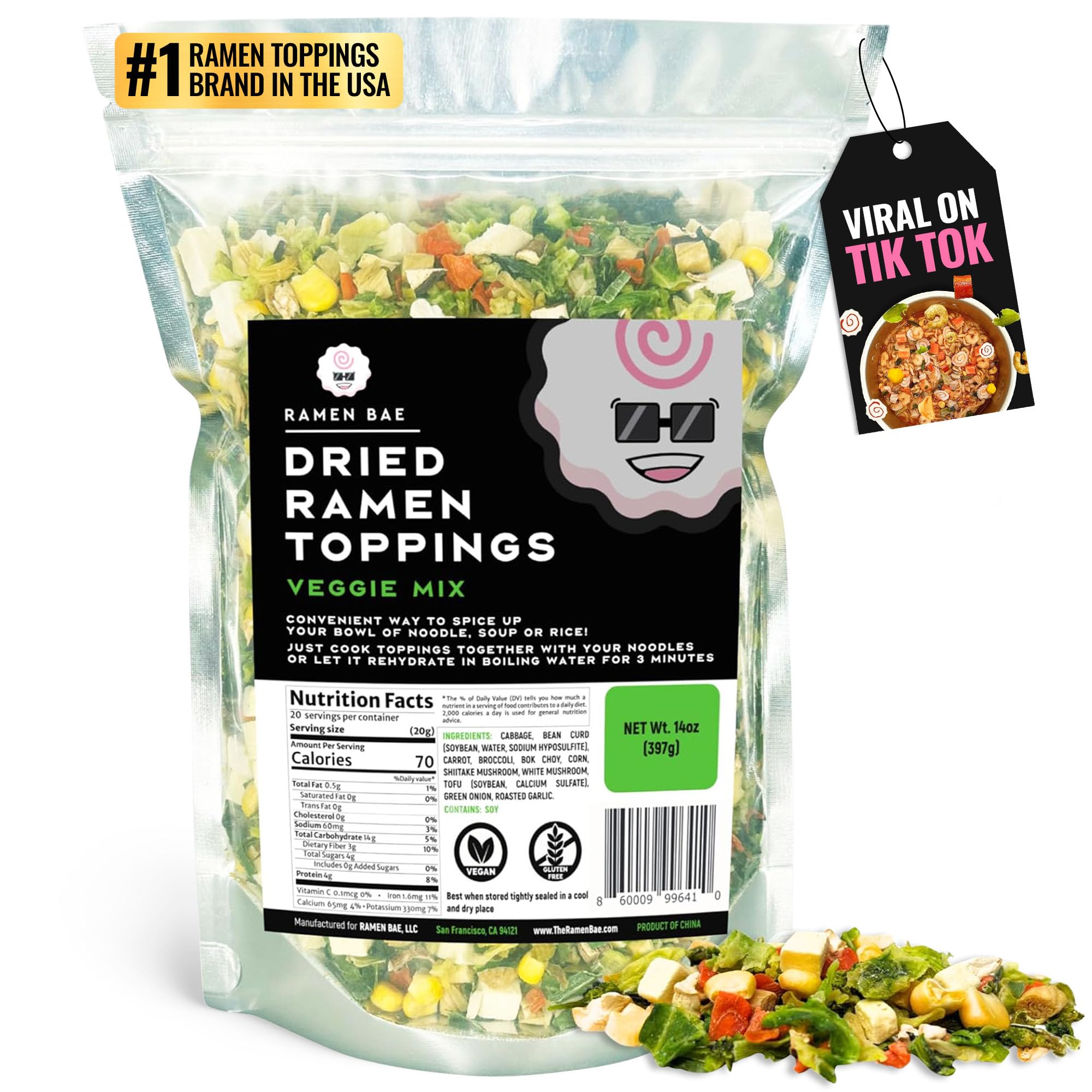 Ramen Bae Veggie Mix being poured into a steaming ramen bowl for flavor boost