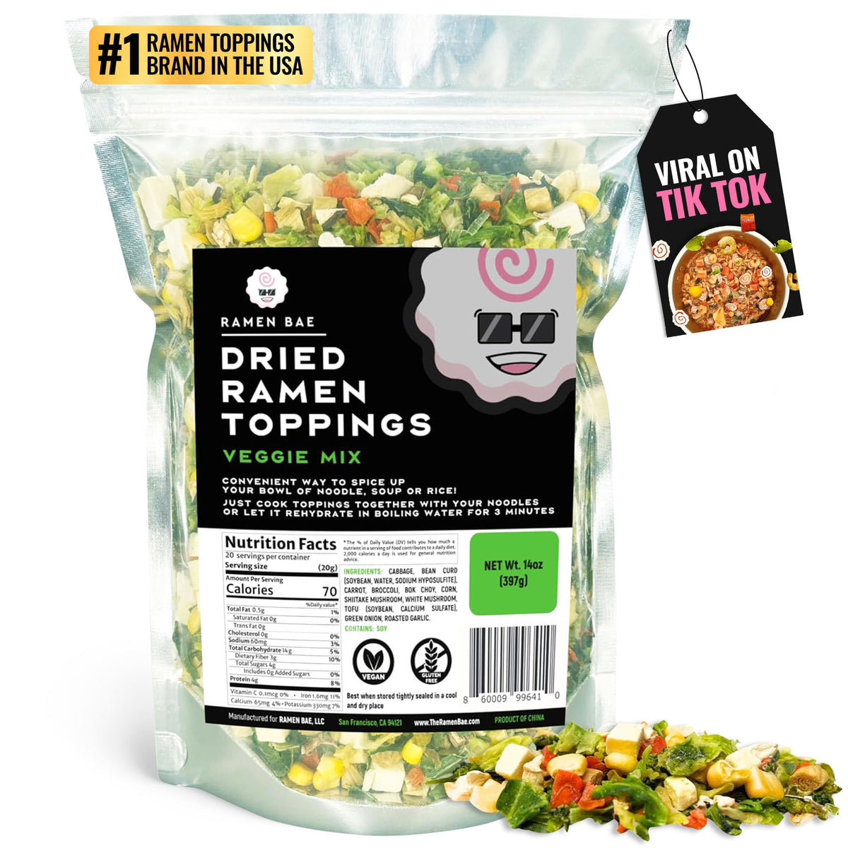 Ramen Bae Veggie Mix being poured into a steaming ramen bowl for flavor boost