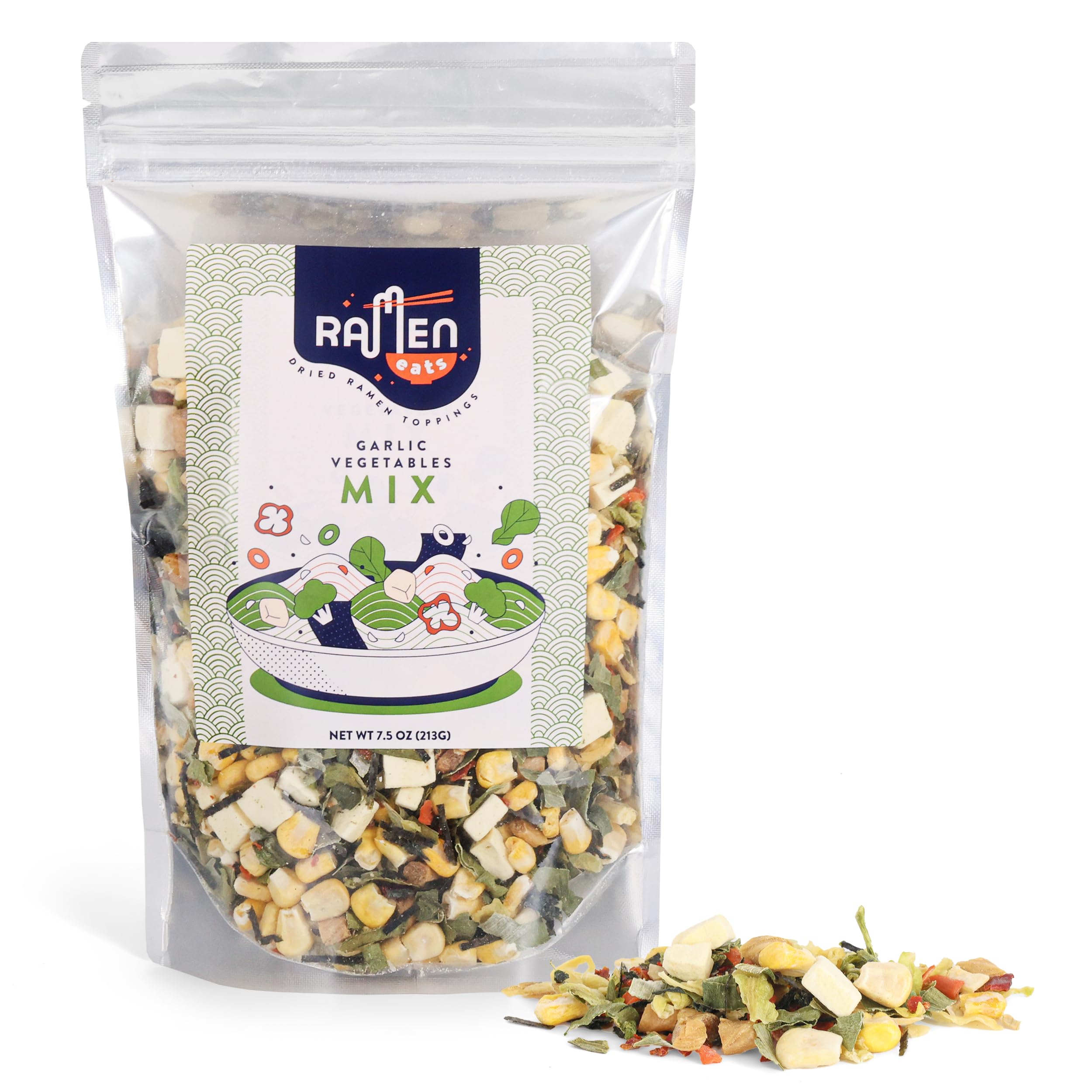 Ramen Eats garlic tofu vegetables toppings pack shows fresh ingredients for flavorful ramen