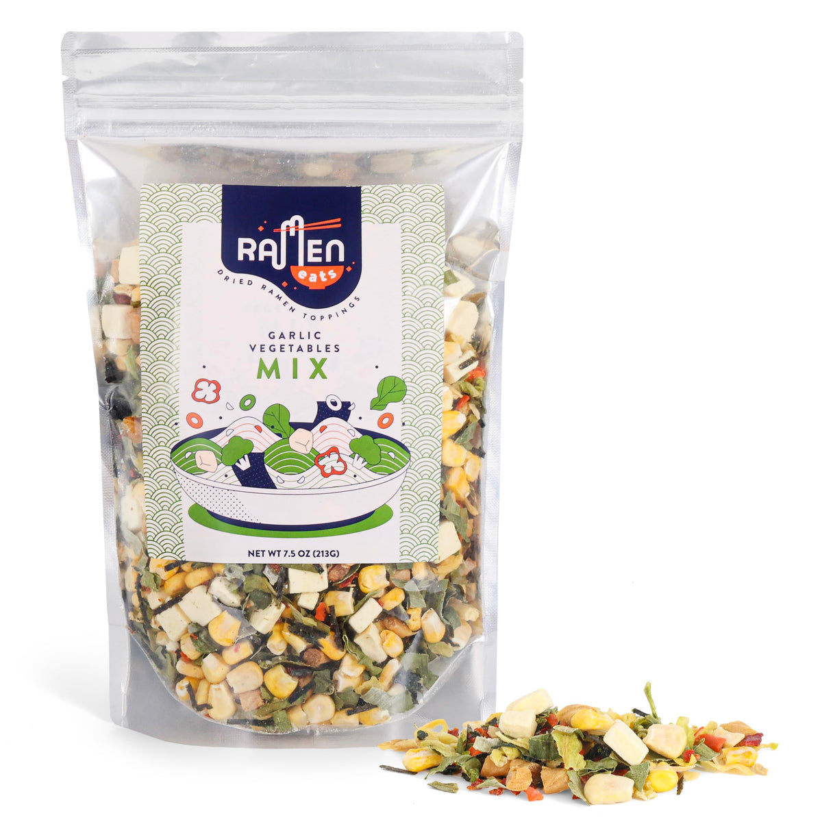 Ramen Eats garlic tofu vegetables toppings pack shows fresh ingredients for flavorful ramen