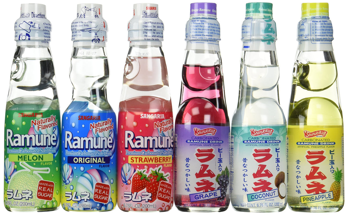 Ramune six-flavor bottle set, ideal for sharing at parties.
