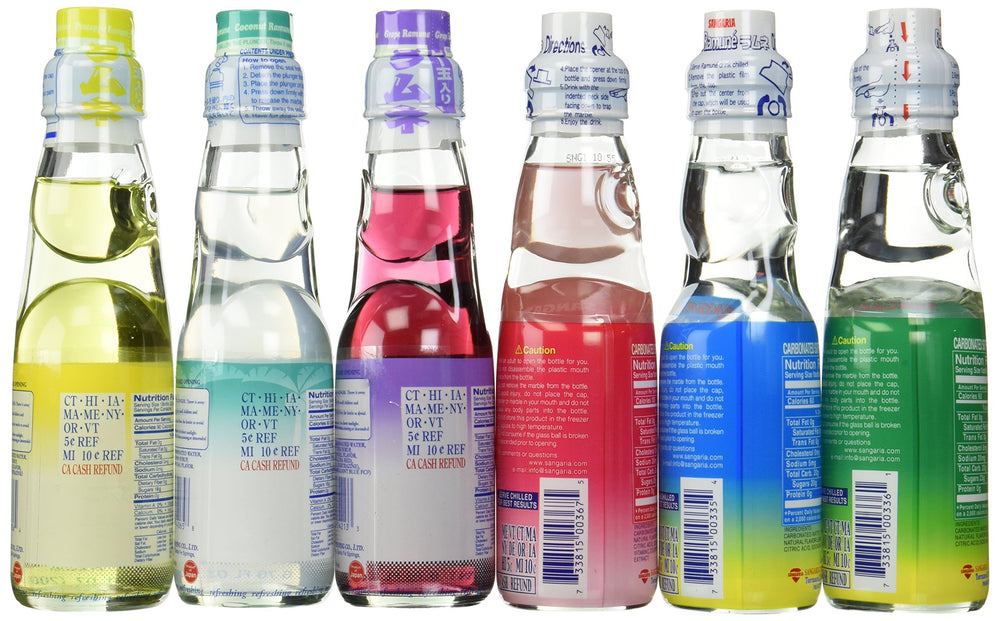 Ramune colorful labels showcase flavors, great for display and gifting.