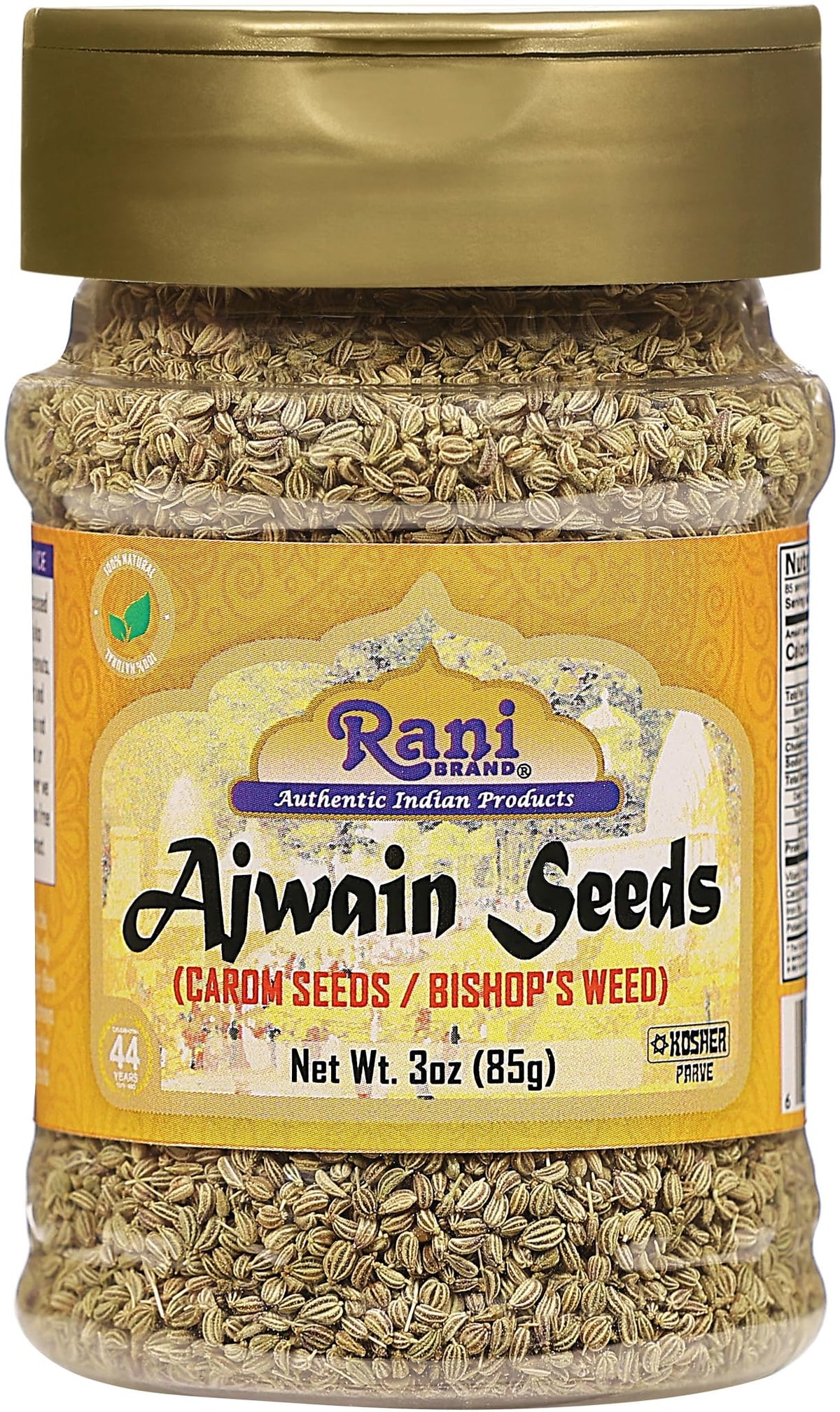 Rani Ajwain seeds in a jar, aromatic spice for curries and breads.