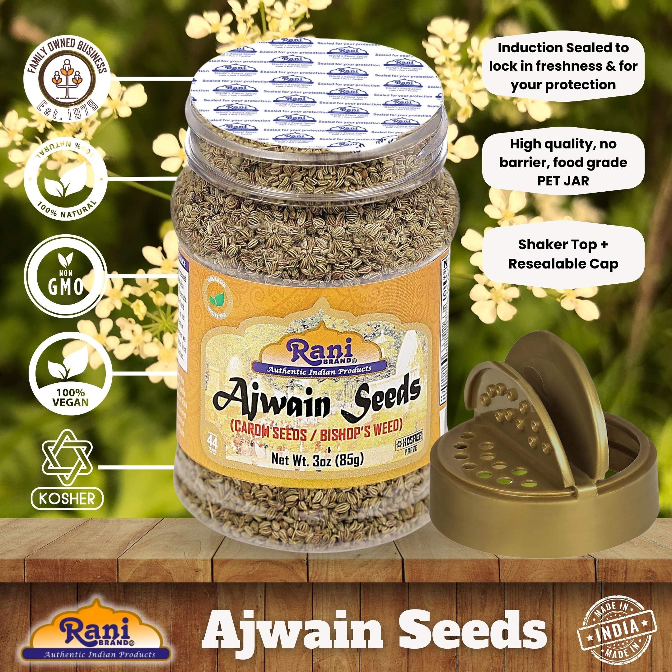 Rani Ajwain seeds on spice-rack display, premium Indian pantry staple.