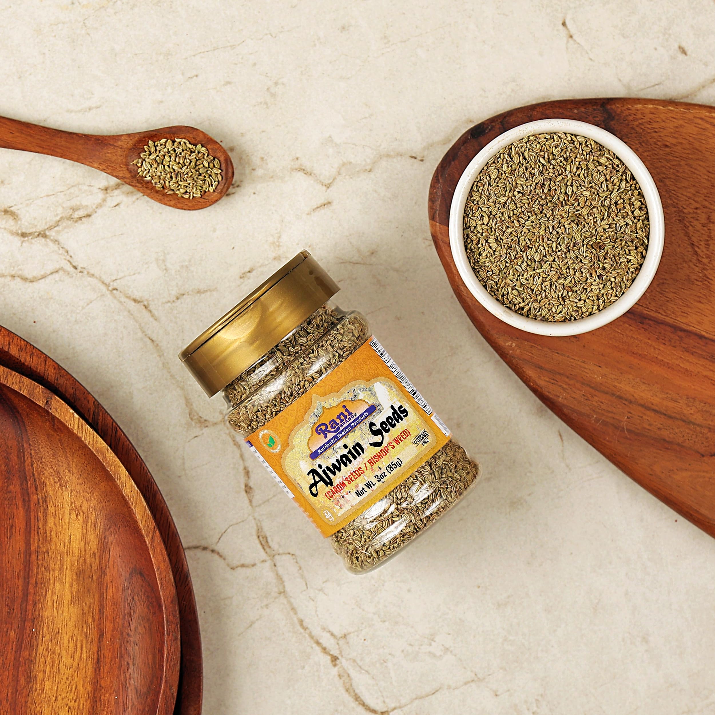 Rani Ajwain seeds warm aroma, enhances curries and breads during cooking.