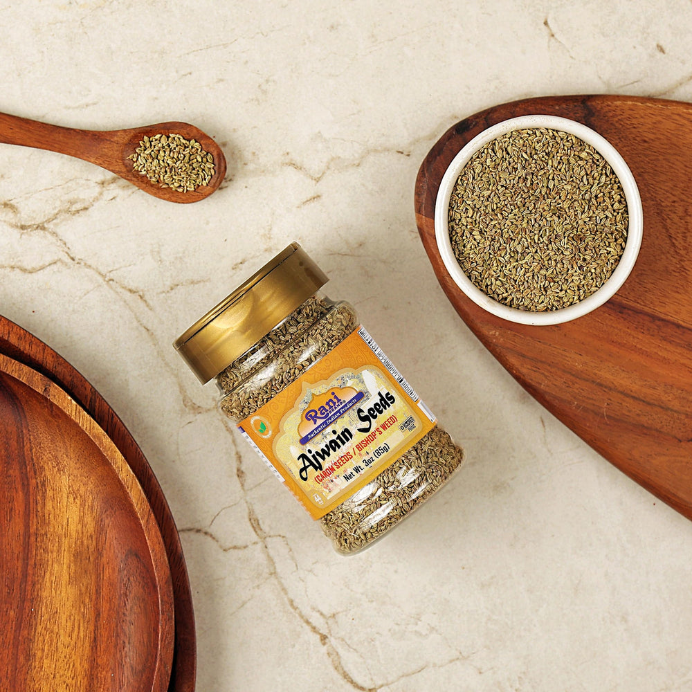 Rani Ajwain seeds warm aroma, enhances curries and breads during cooking.