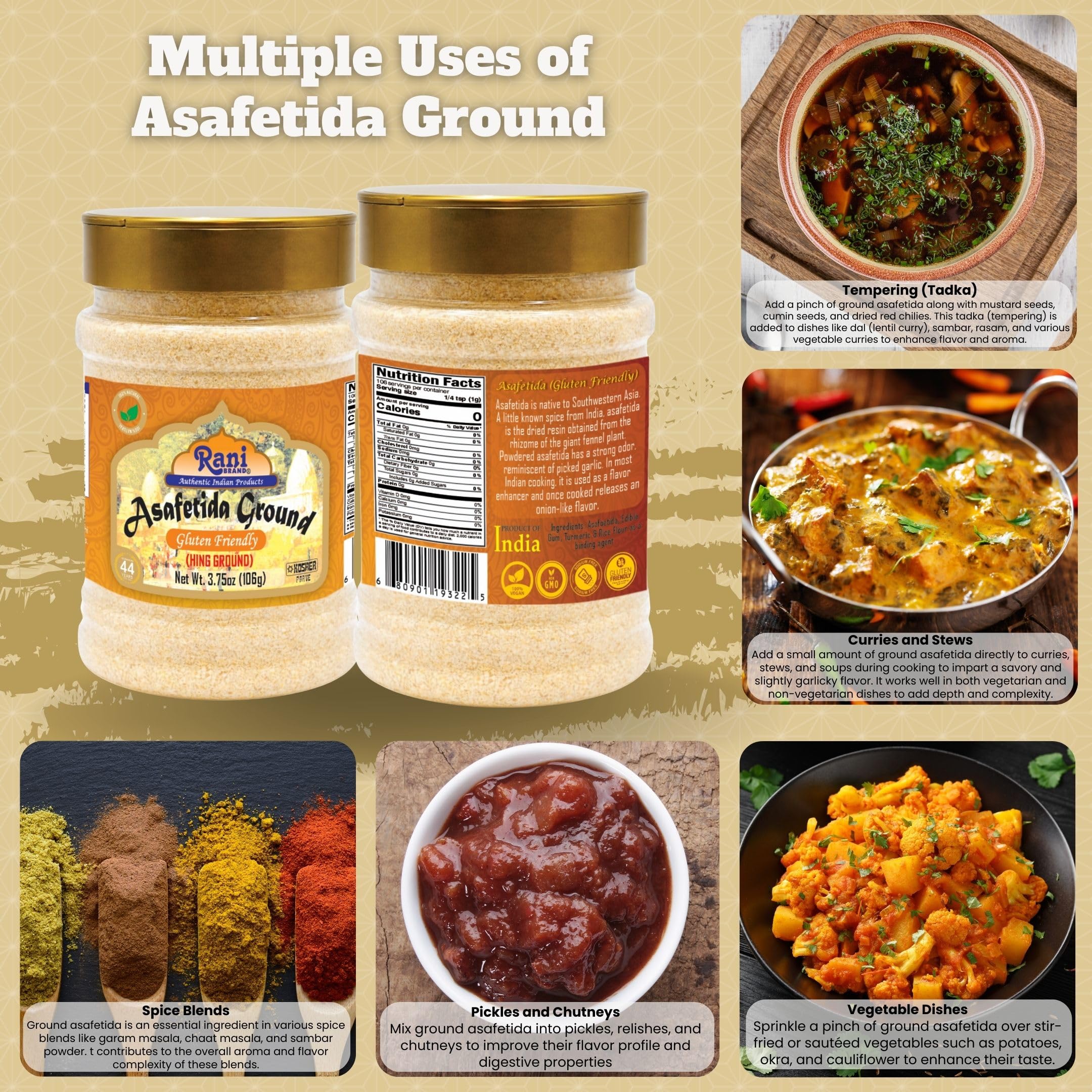 Rani Hing gluten-free packaging label for gluten-free cooking.