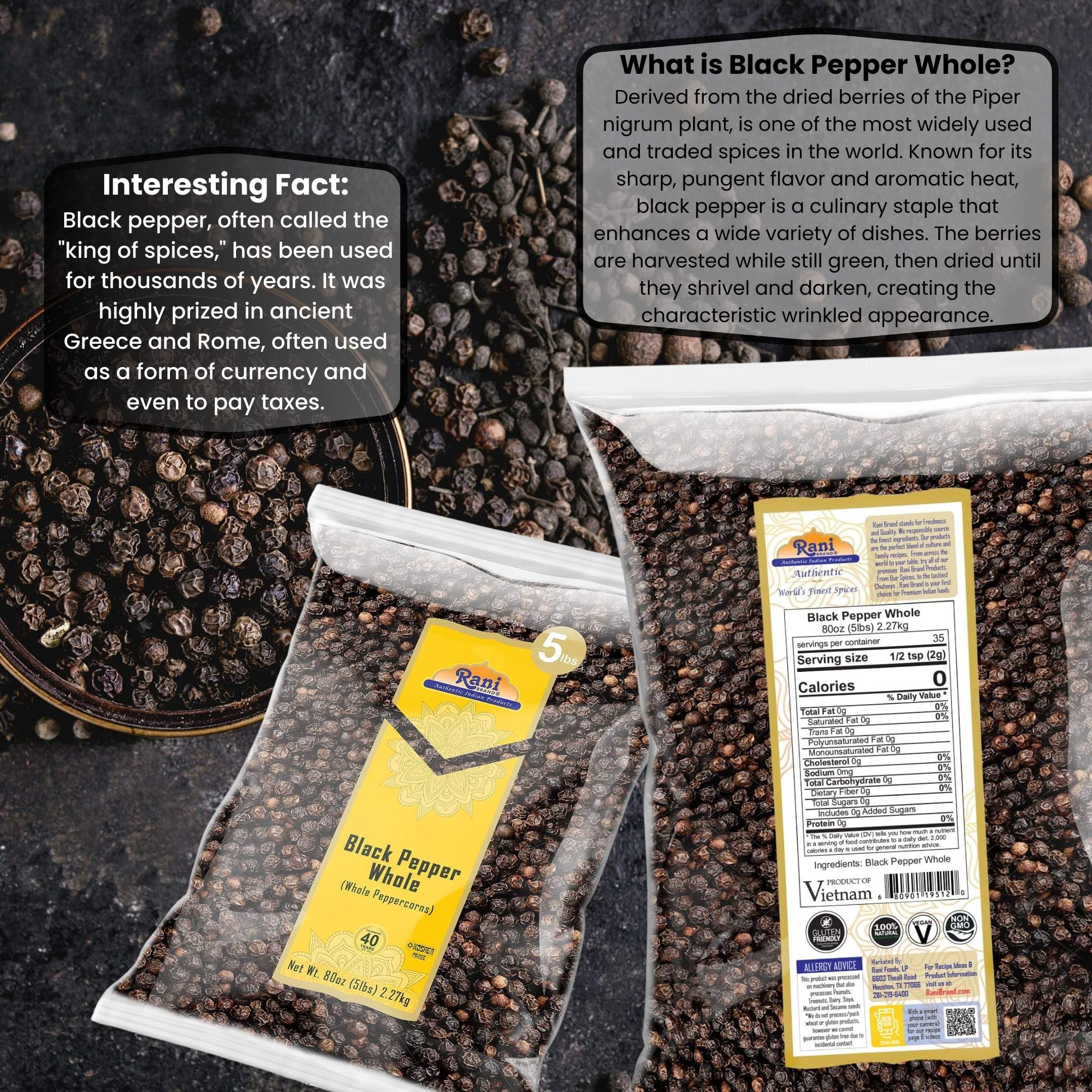 Rani Black Pepper Whole bulk packaging supports long-lasting kitchen seasoning.