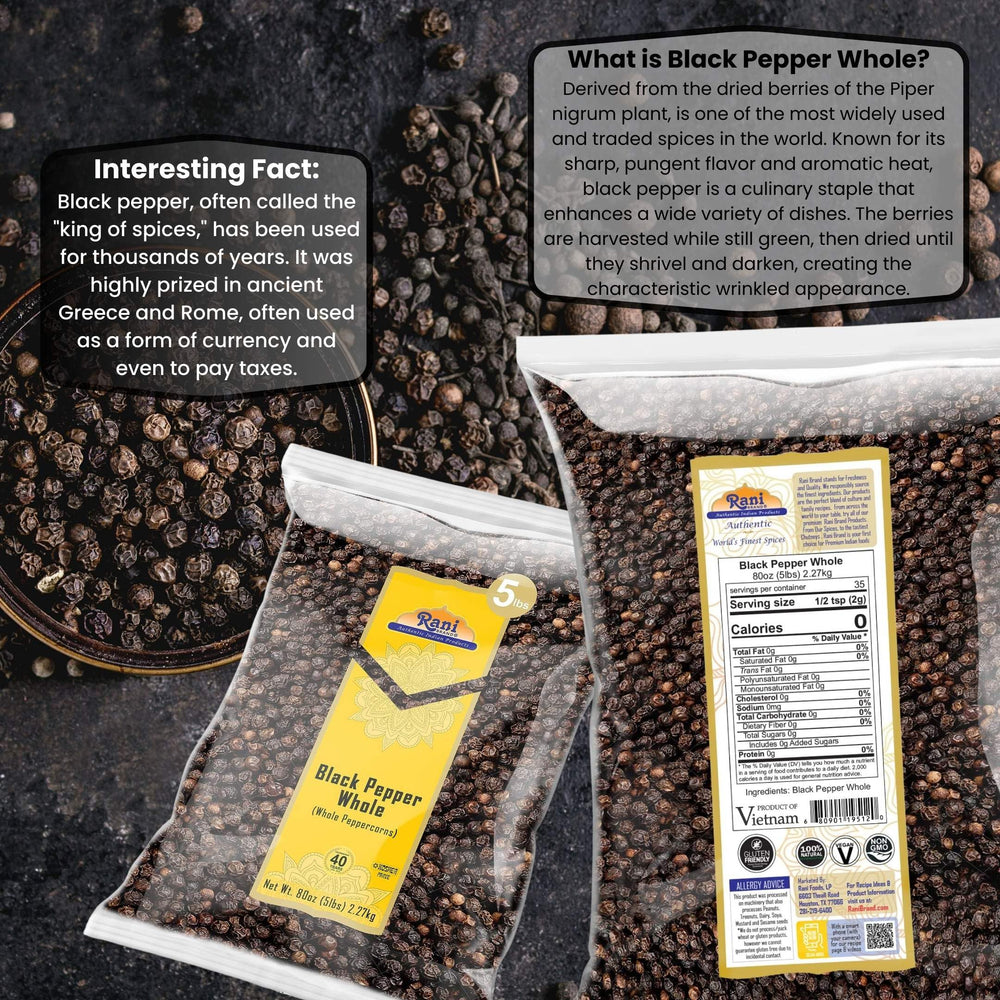 Rani Black Pepper Whole bulk packaging supports long-lasting kitchen seasoning.