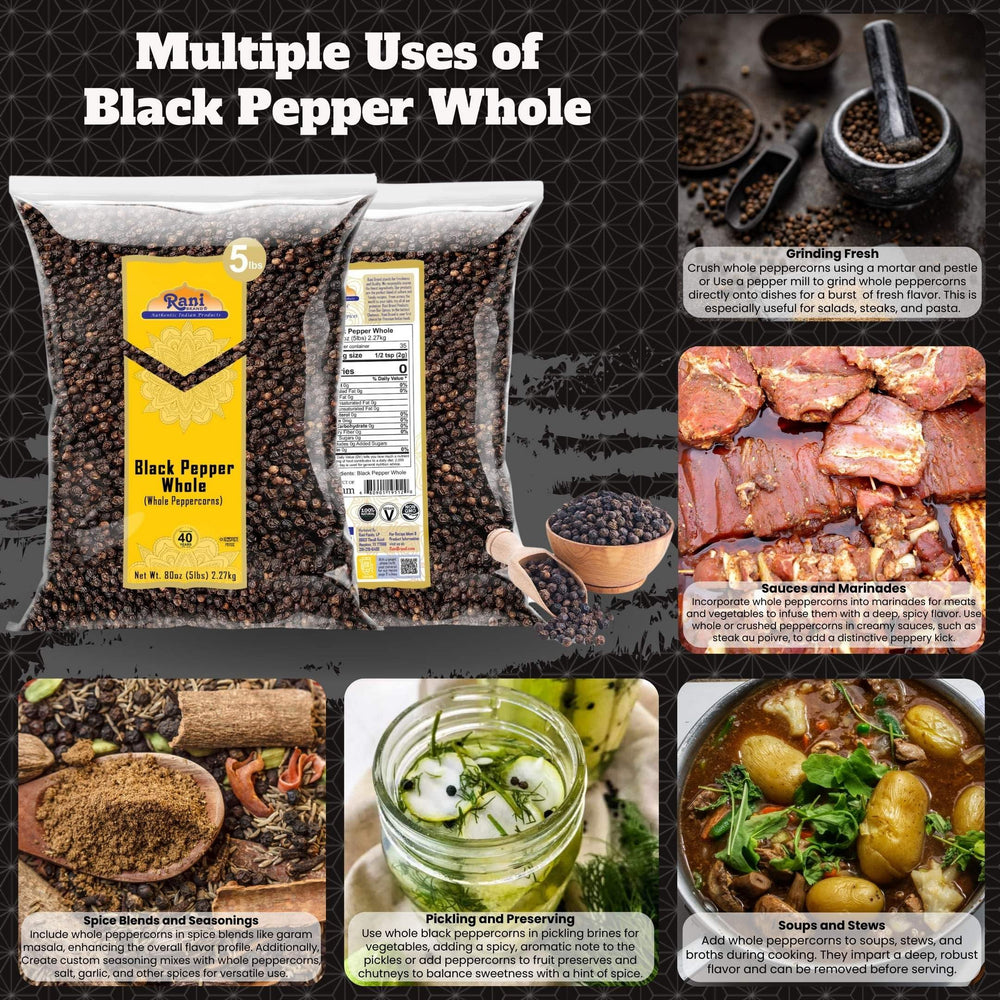 Rani Black Pepper Whole close-up showing premium MG-1 peppercorns.