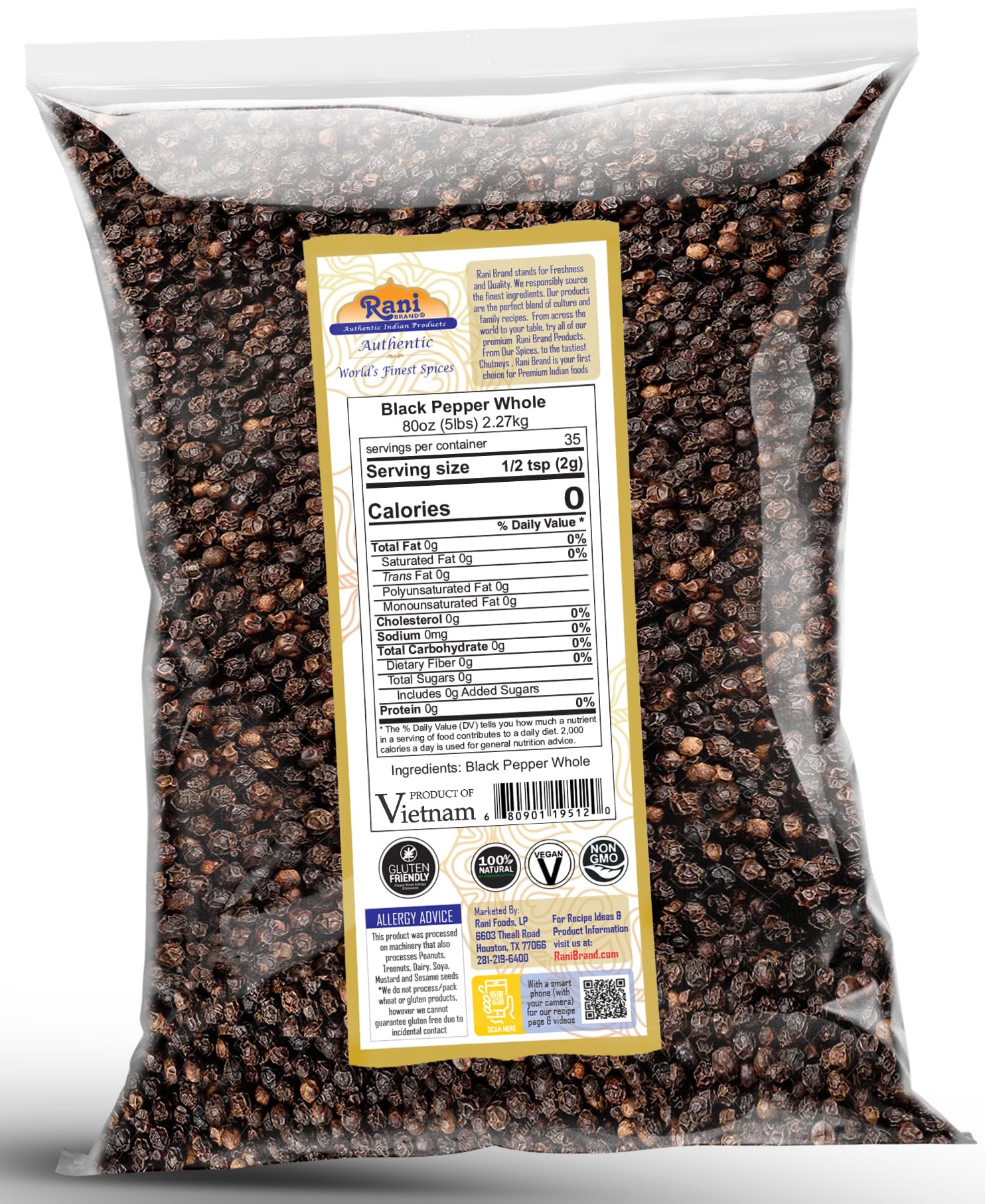 Rani Black Pepper Whole grinder-ready container for flavorful meals.
