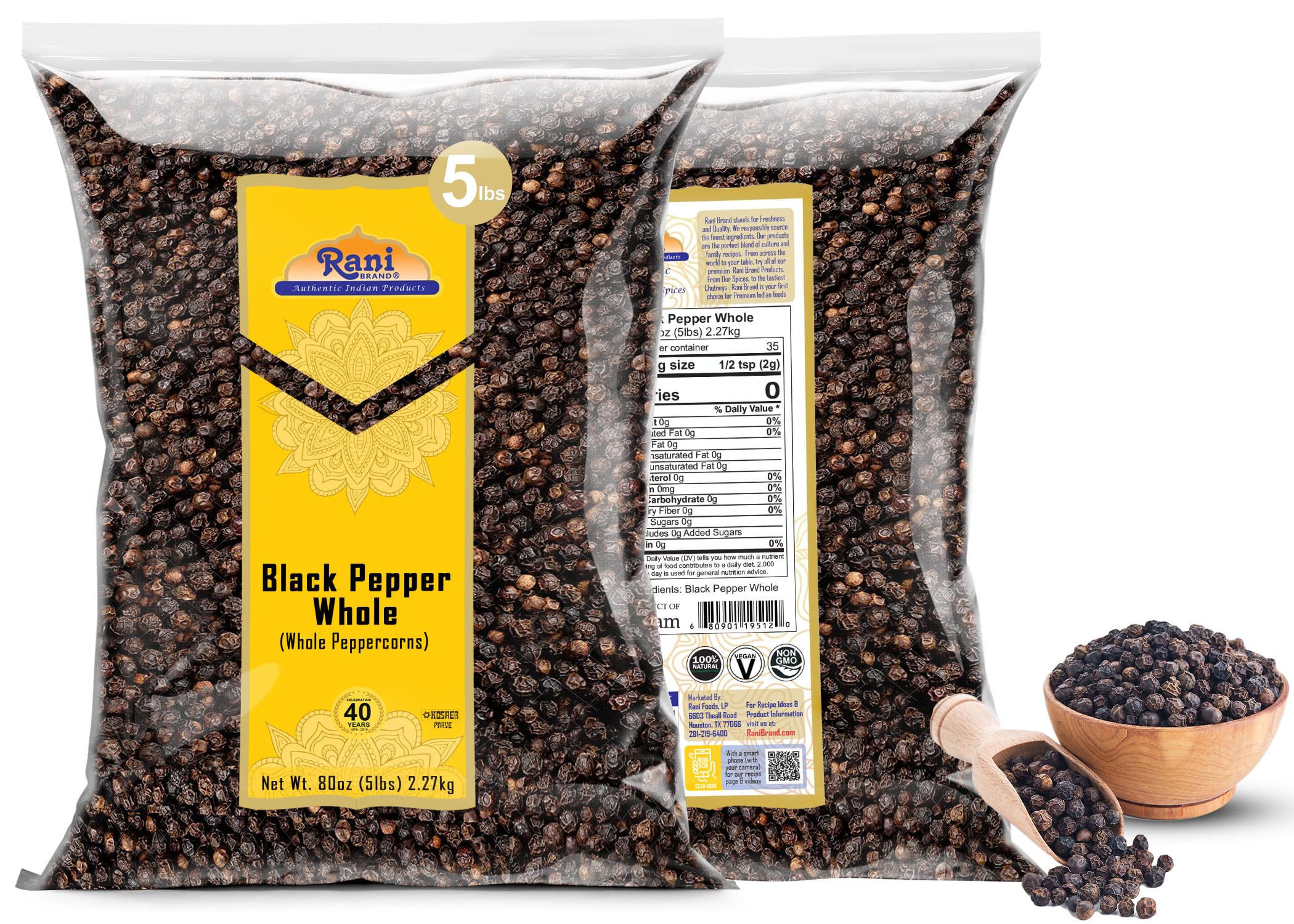 Rani Black Pepper Whole sturdy bag for pantry storage.