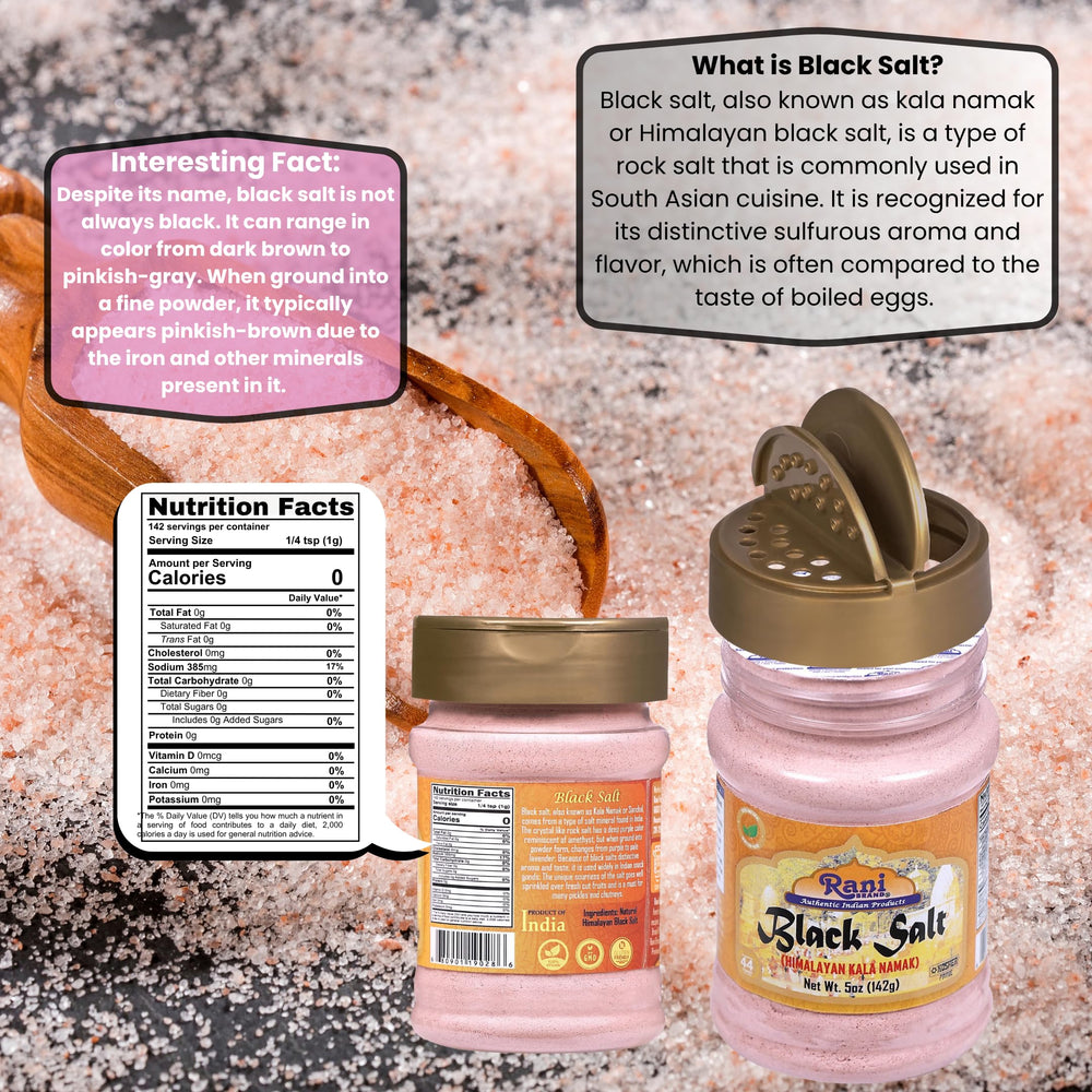 Rani Kala Namak label close-up – mineral-rich seasoning for savory dishes.