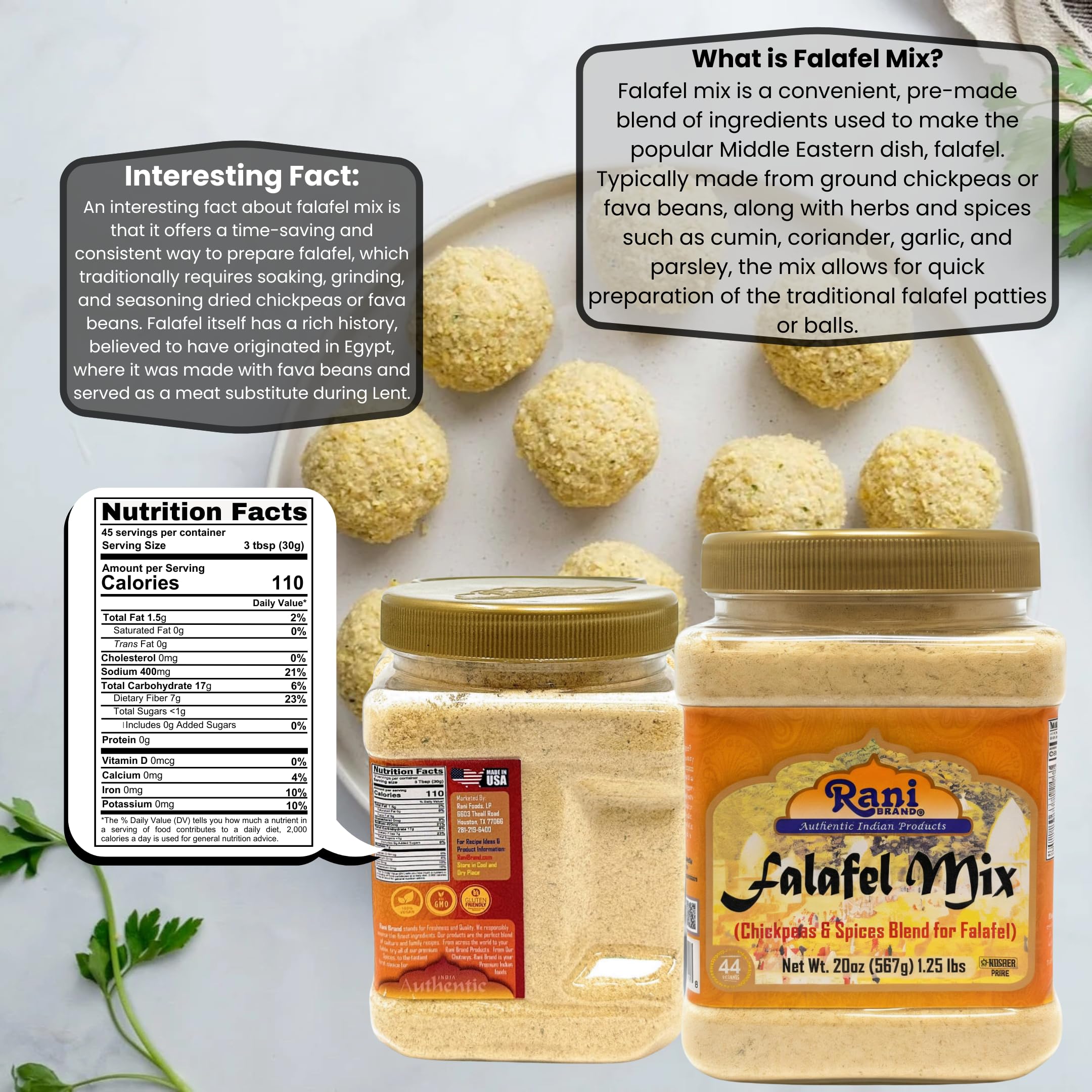 Rani Falafel Mix jar on kitchen counter ready to use.
