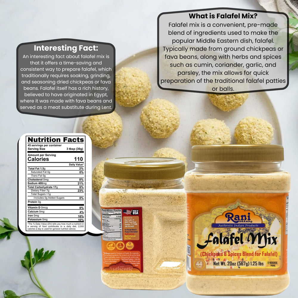 Rani Falafel Mix jar on kitchen counter ready to use.