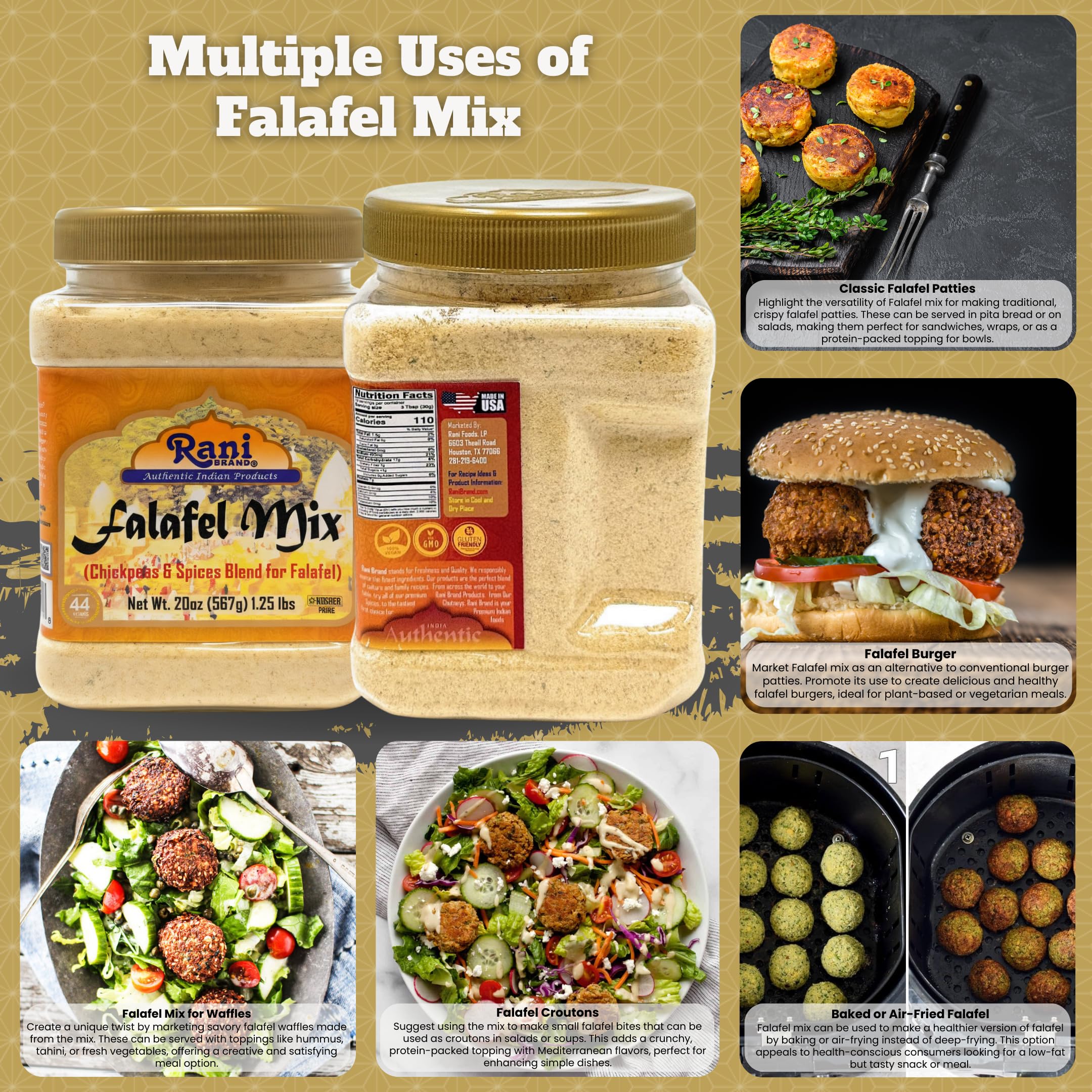 Rani Falafel Mix serve with pita and toppings.