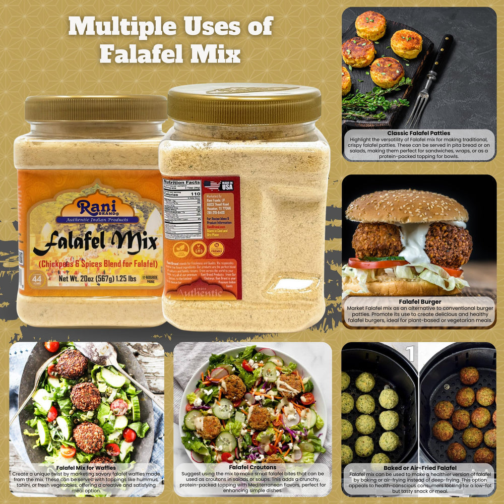 Rani Falafel Mix serve with pita and toppings.