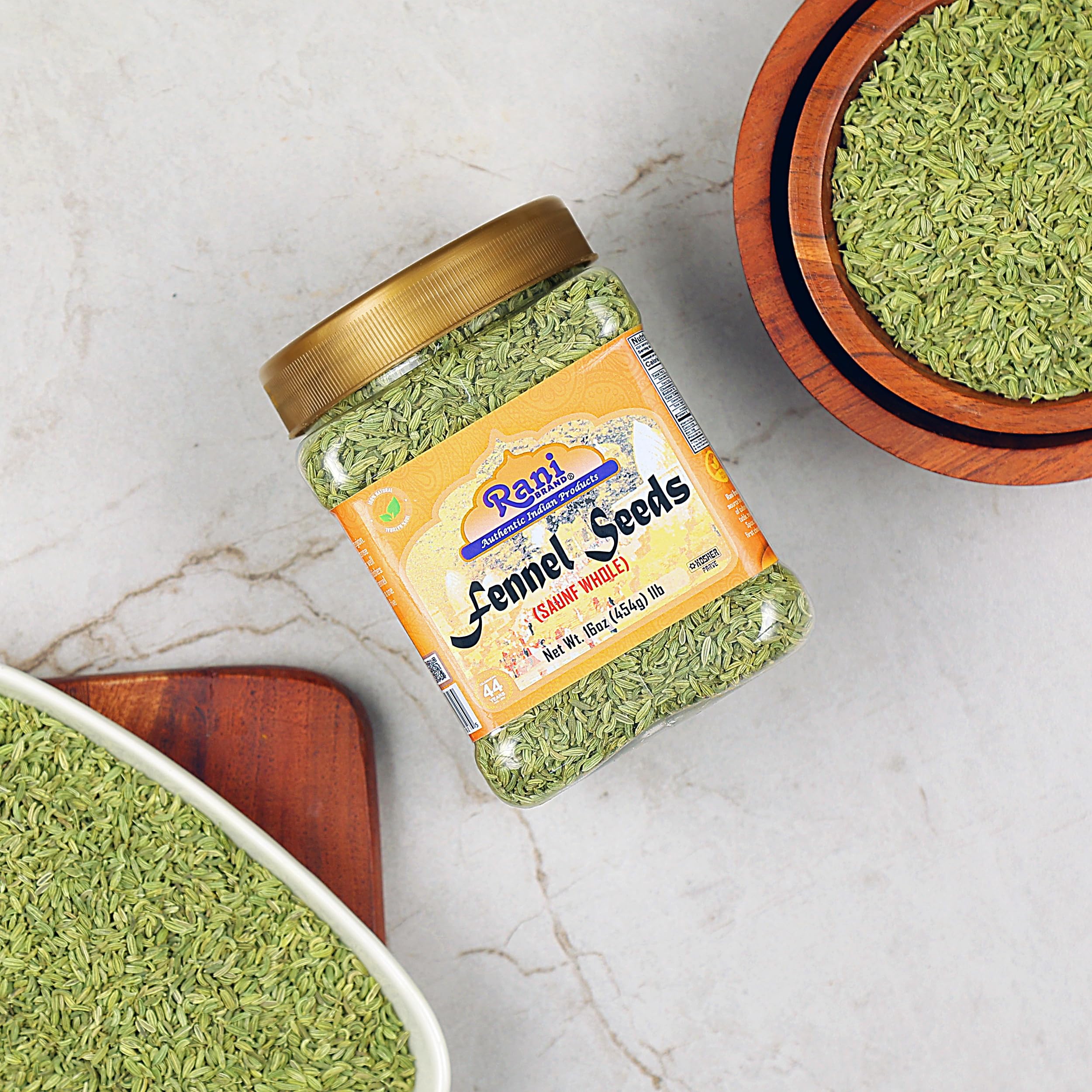 Rani Brand fennel seeds on spice rack emphasizing pantry staple