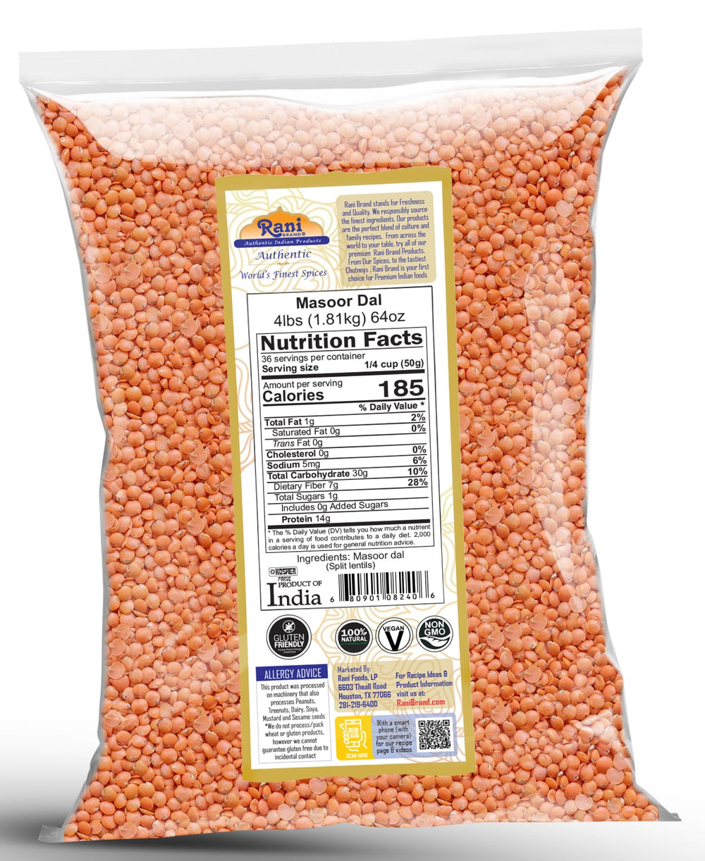 Rani Brand Masoor Dal proudly notes gluten-free friendly attributes on packaging.