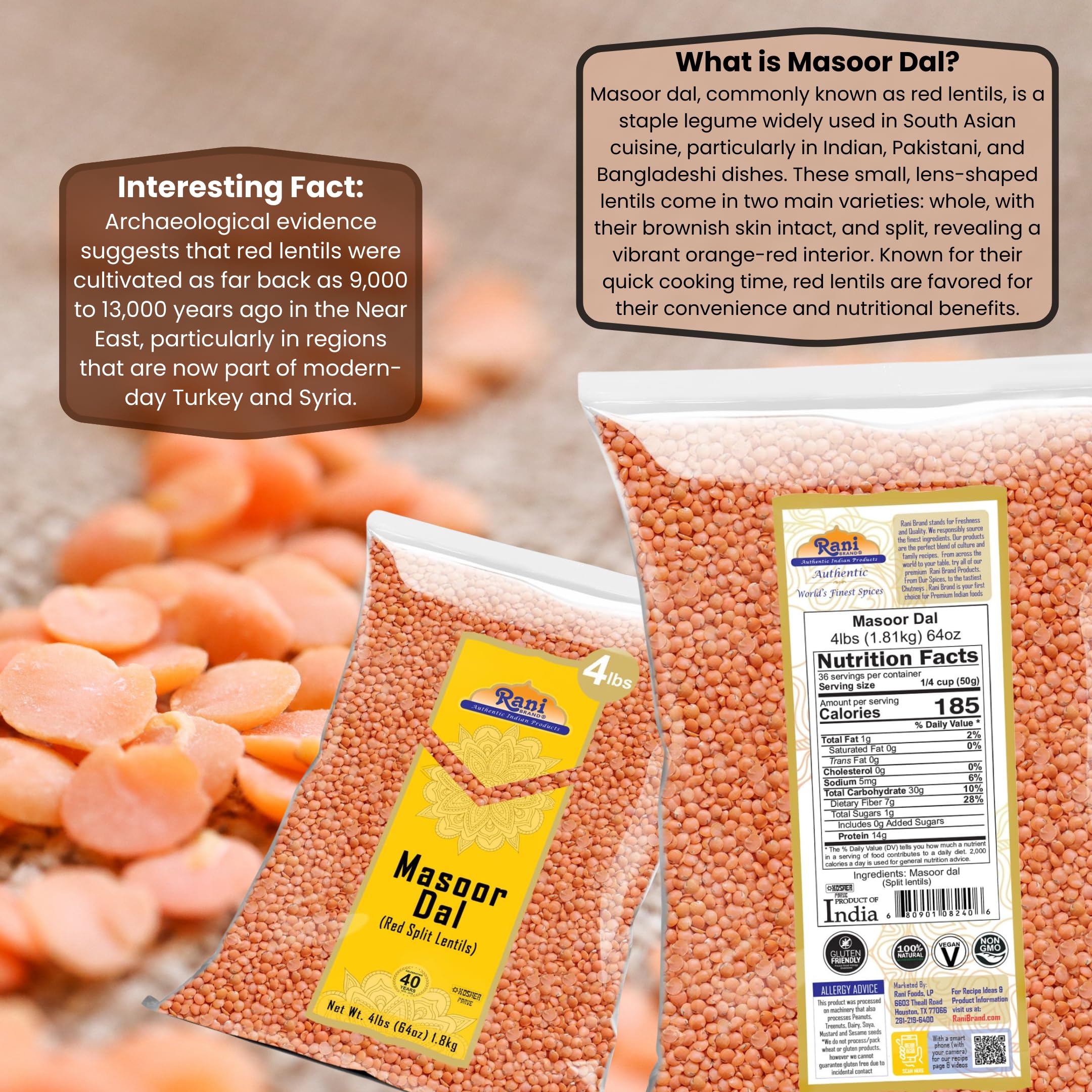 Close-up of Rani Brand Masoor Dal raw lentils showing vibrant red-orange hue ideal for authentic Indian recipes.