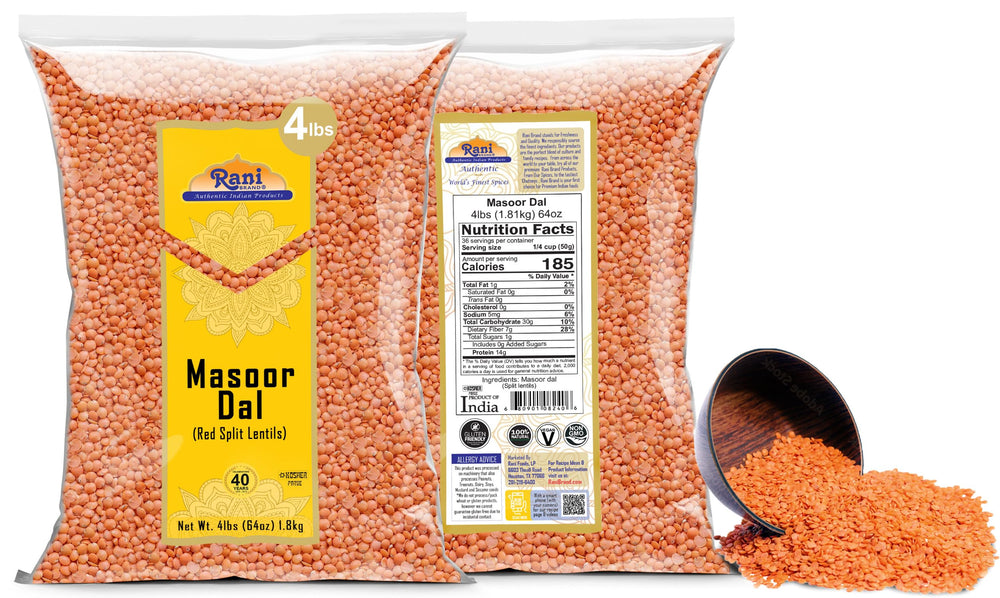 Rani Brand Masoor Dal bulk packaging stored in a kitchen pantry for convenient access.