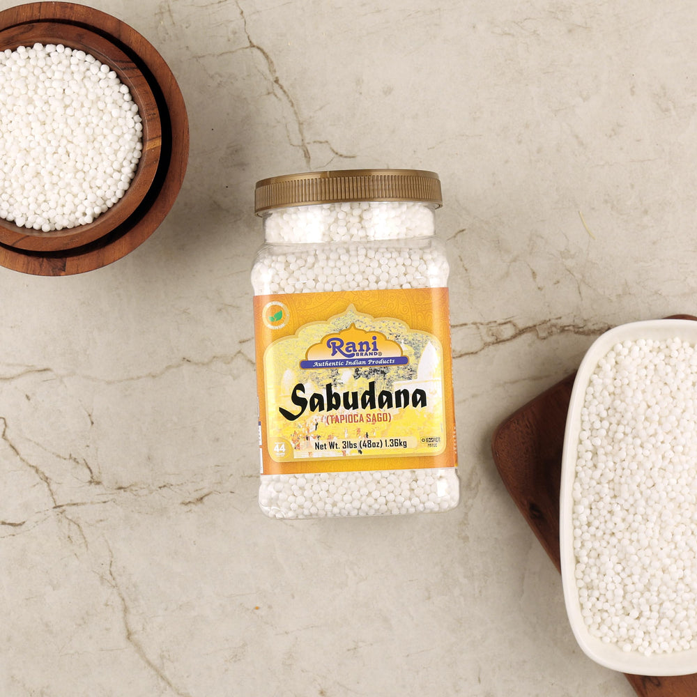 Front view of Rani Sabudana jar highlighting authentic Indian sourcing.