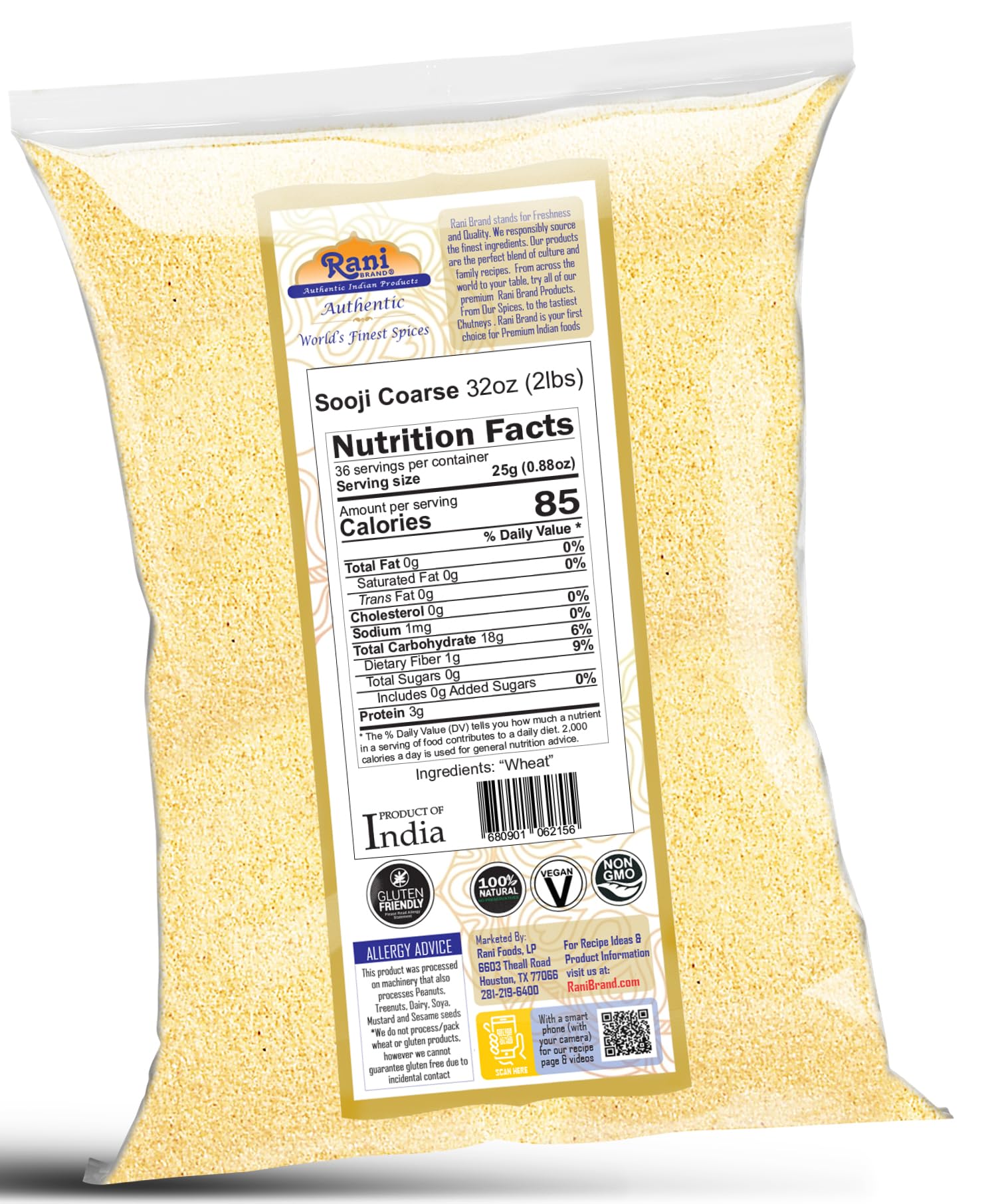 Rani Brand Sooji Coarse flour bag open for family cooking.