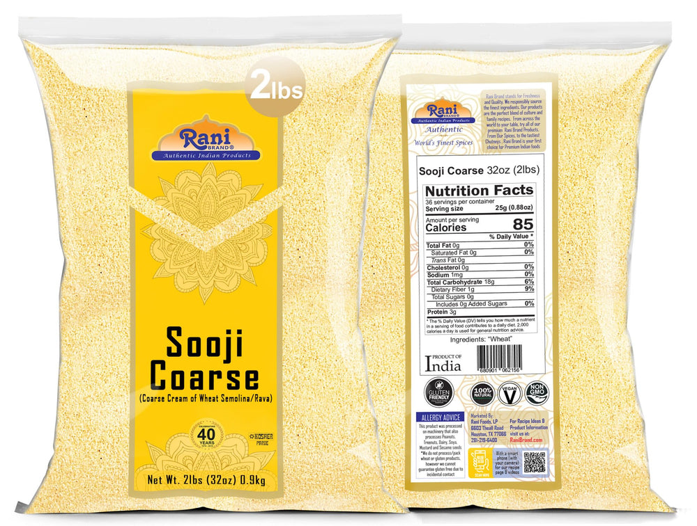 Rani Brand Sooji Coarse packaging close-up for premium cooking.