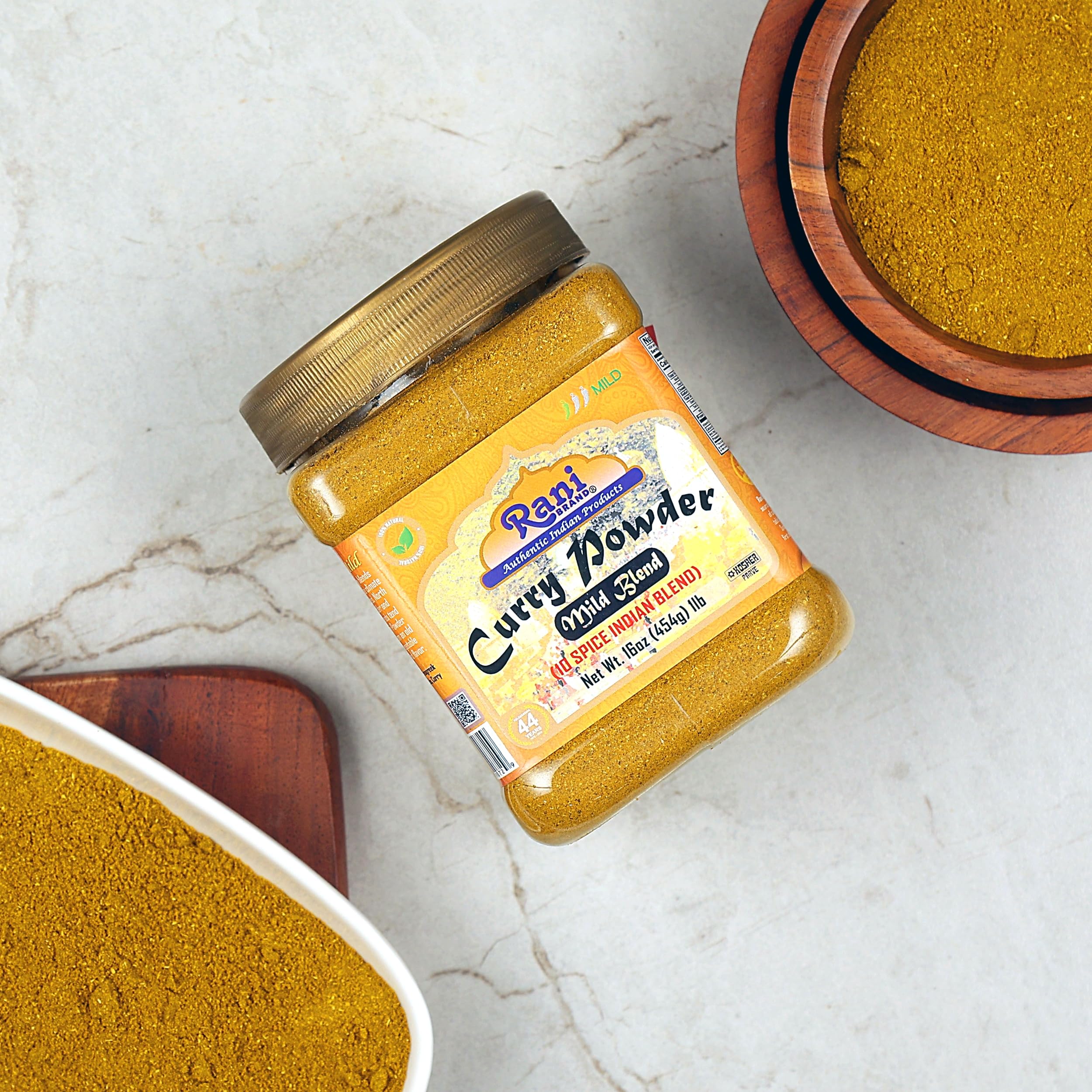 Rani Brand heritage seal on spice jar communicates decades of quality.