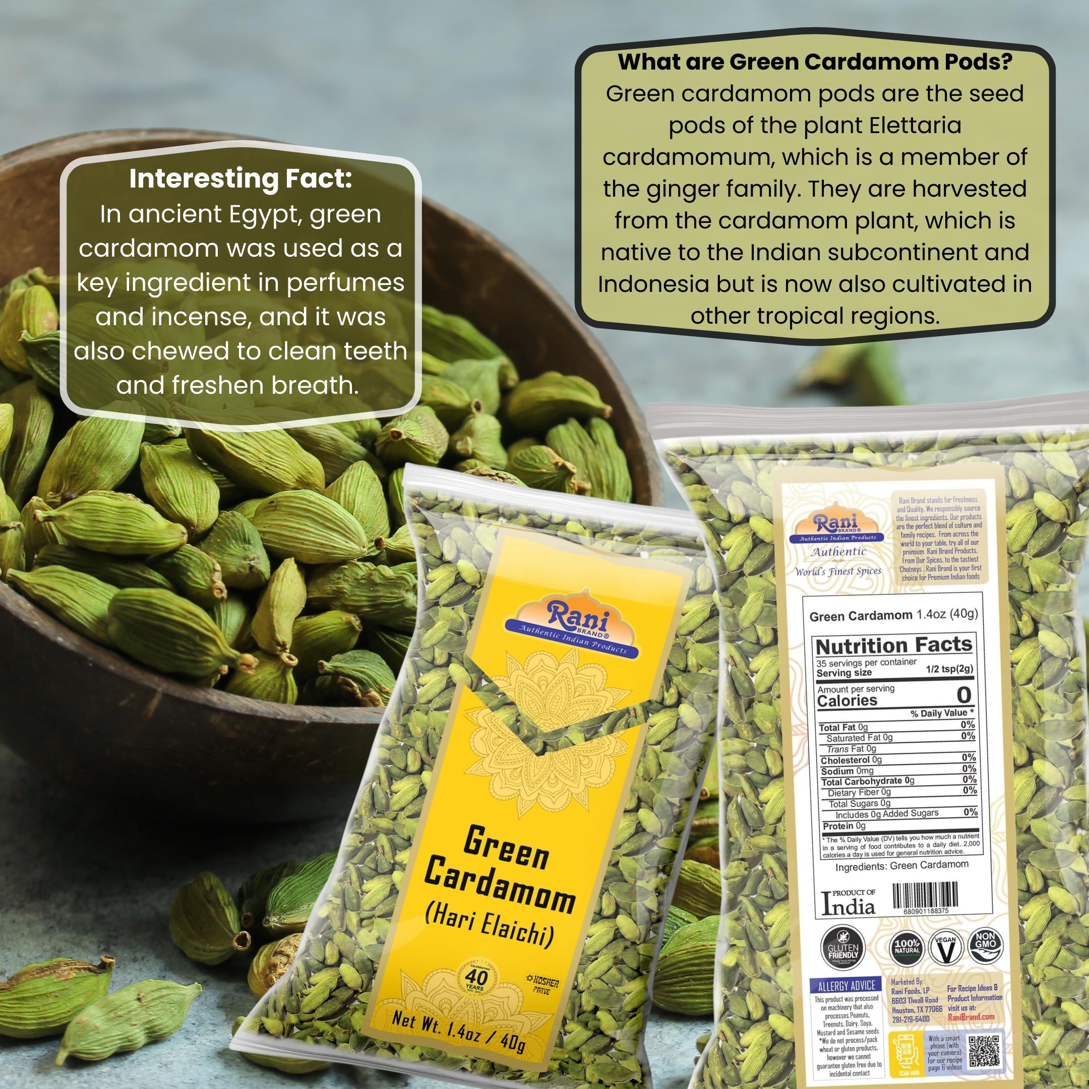 Rani Brand Hari Elachi packaging in a no-barrier bag emphasizing freshness.