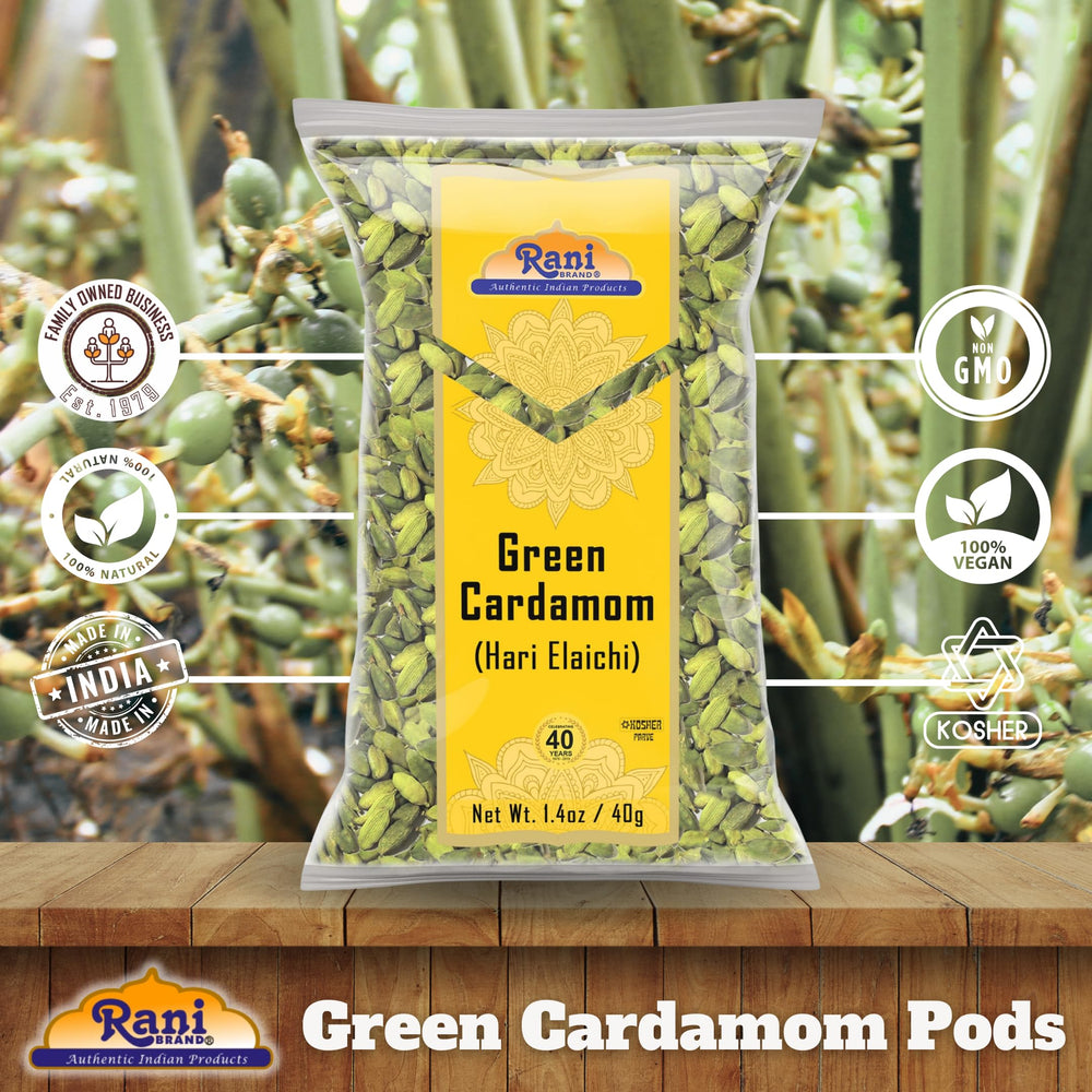 Rani Brand cardamom pods on a kitchen counter suggesting quick, fragrant flavoring for meals.