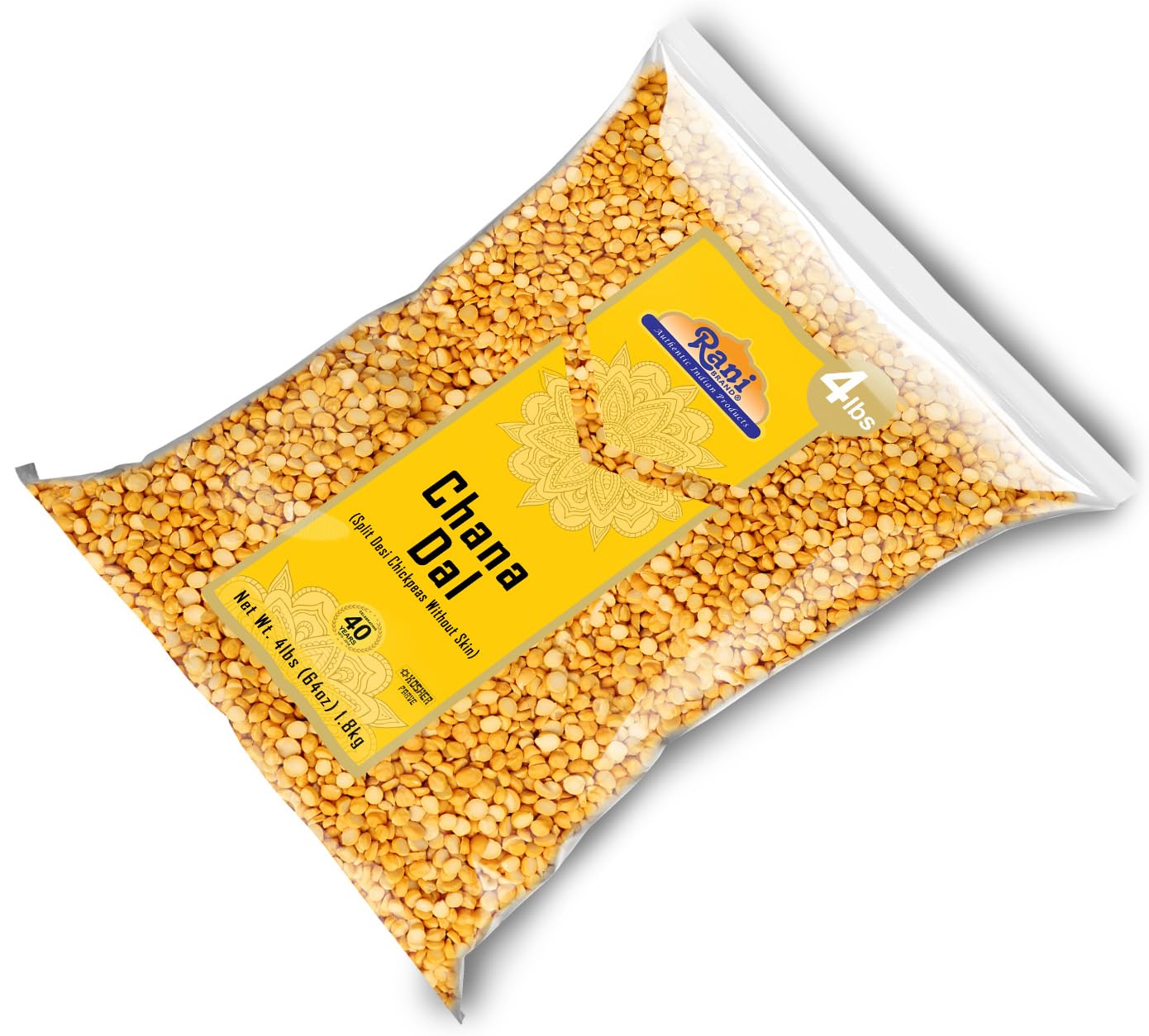 Gluten-free badge on Rani Chana Dal packaging suitable for sensitive diets.