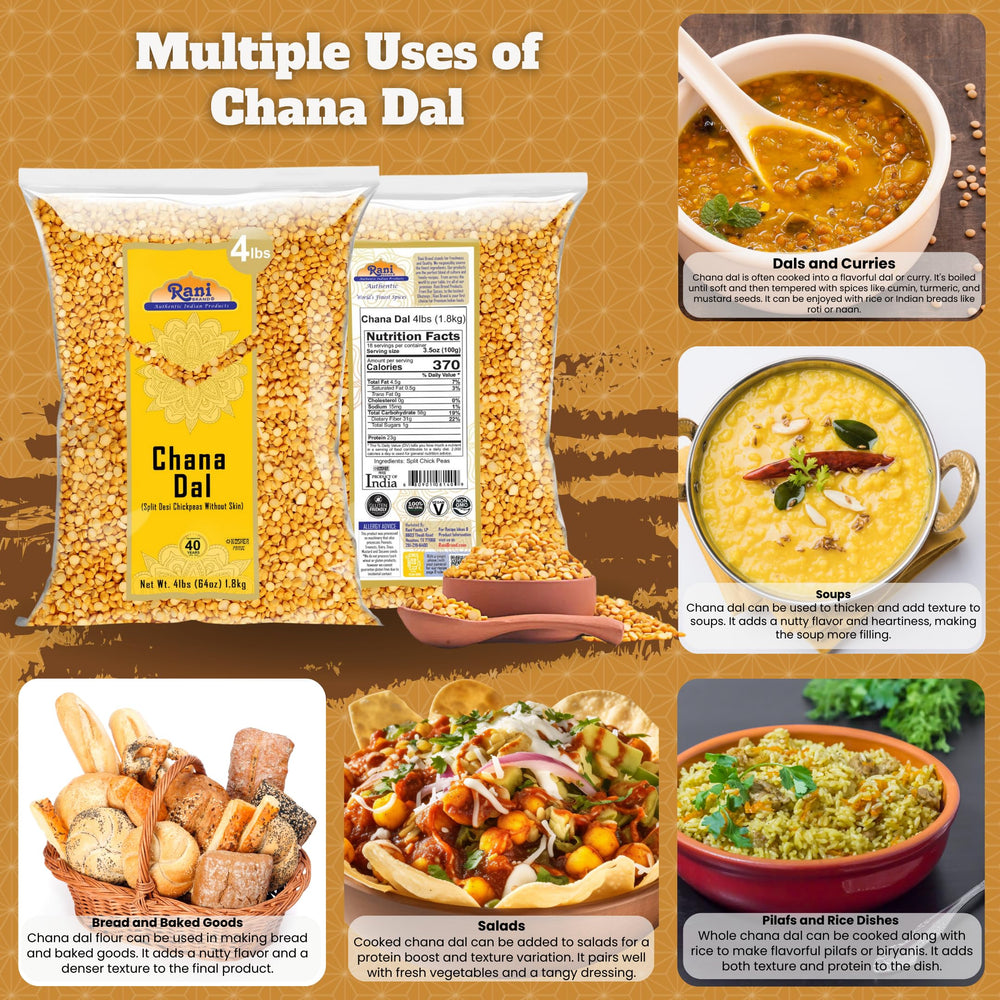 Closeup of Rani Chana Dal ingredients, showing skinless split chickpeas.