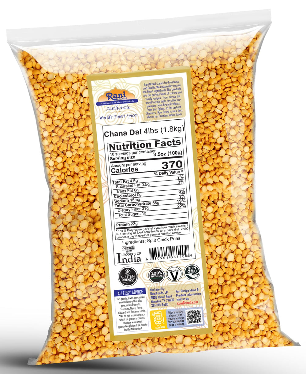 Front packaging of Rani Chana Dal, premium desi chickpeas ready for cooking.