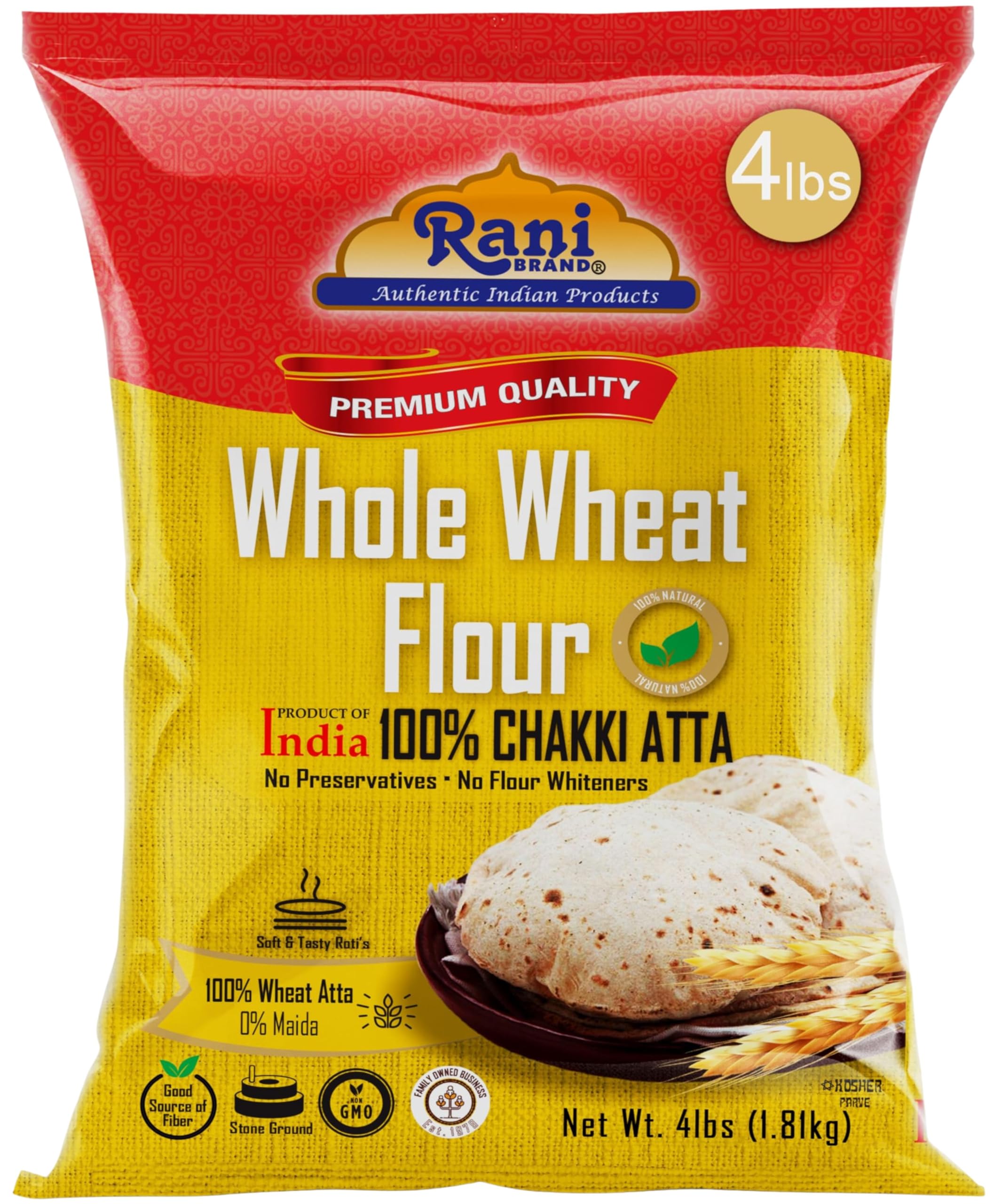 Rani Chapati Flour bag on kitchen counter for fresh roti