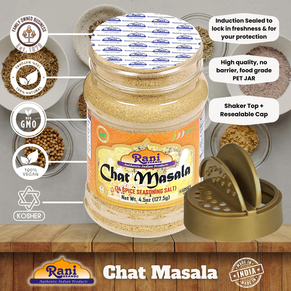 Pouring Rani Chat Masala from the jar for quick flavor boost