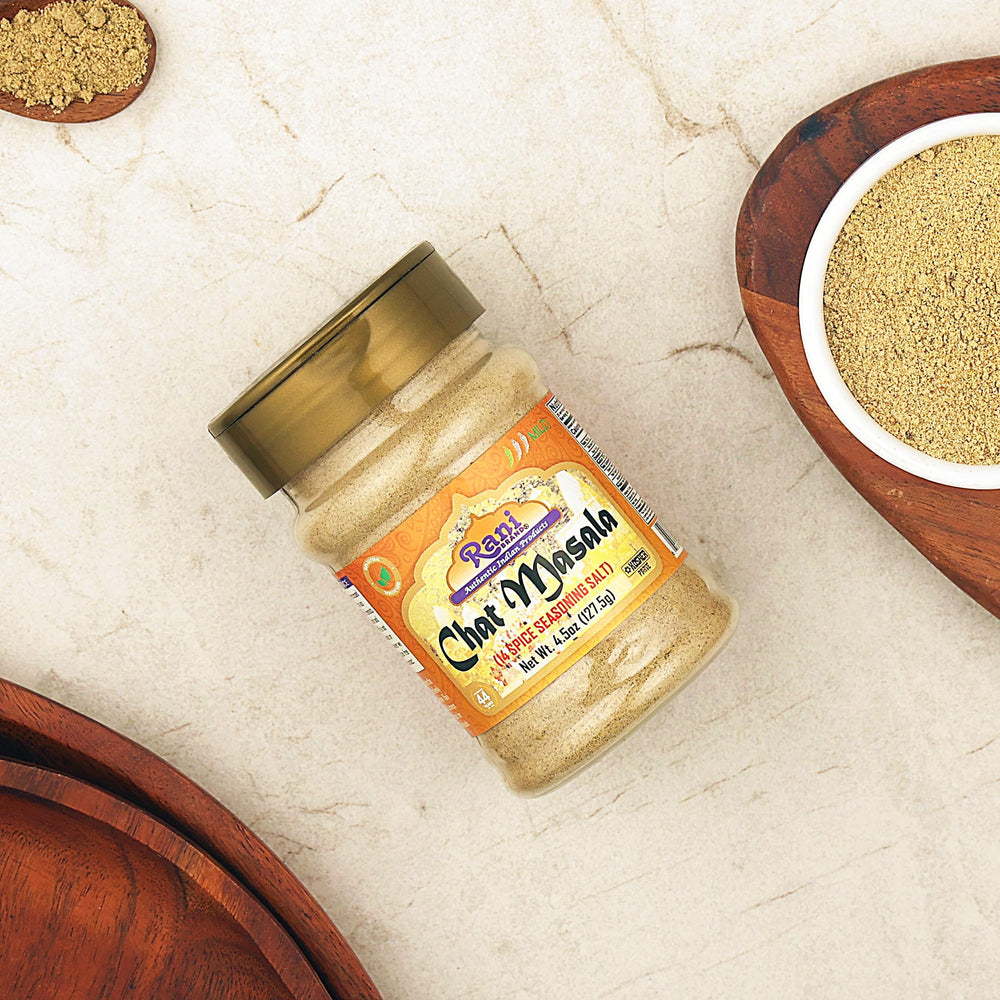 Rani Chat Masala on a kitchen counter ready to season