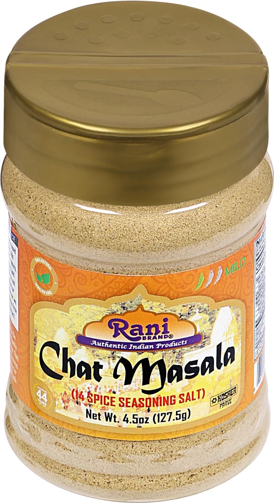 Closeup of Rani Chat Masala label showing no MSG, non-GMO, kosher