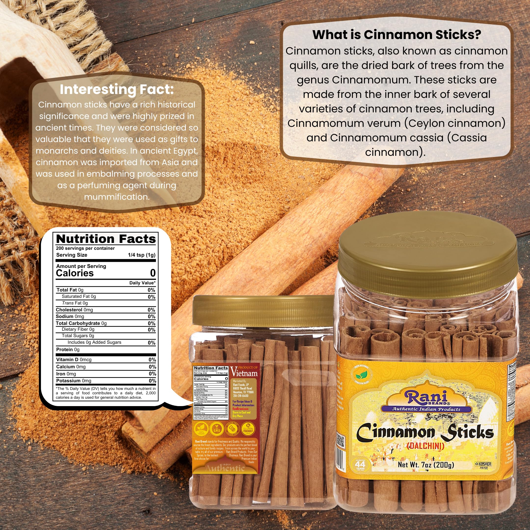 Rani cinnamon sticks, 3 inches long, ideal for soups, stews, and confections.