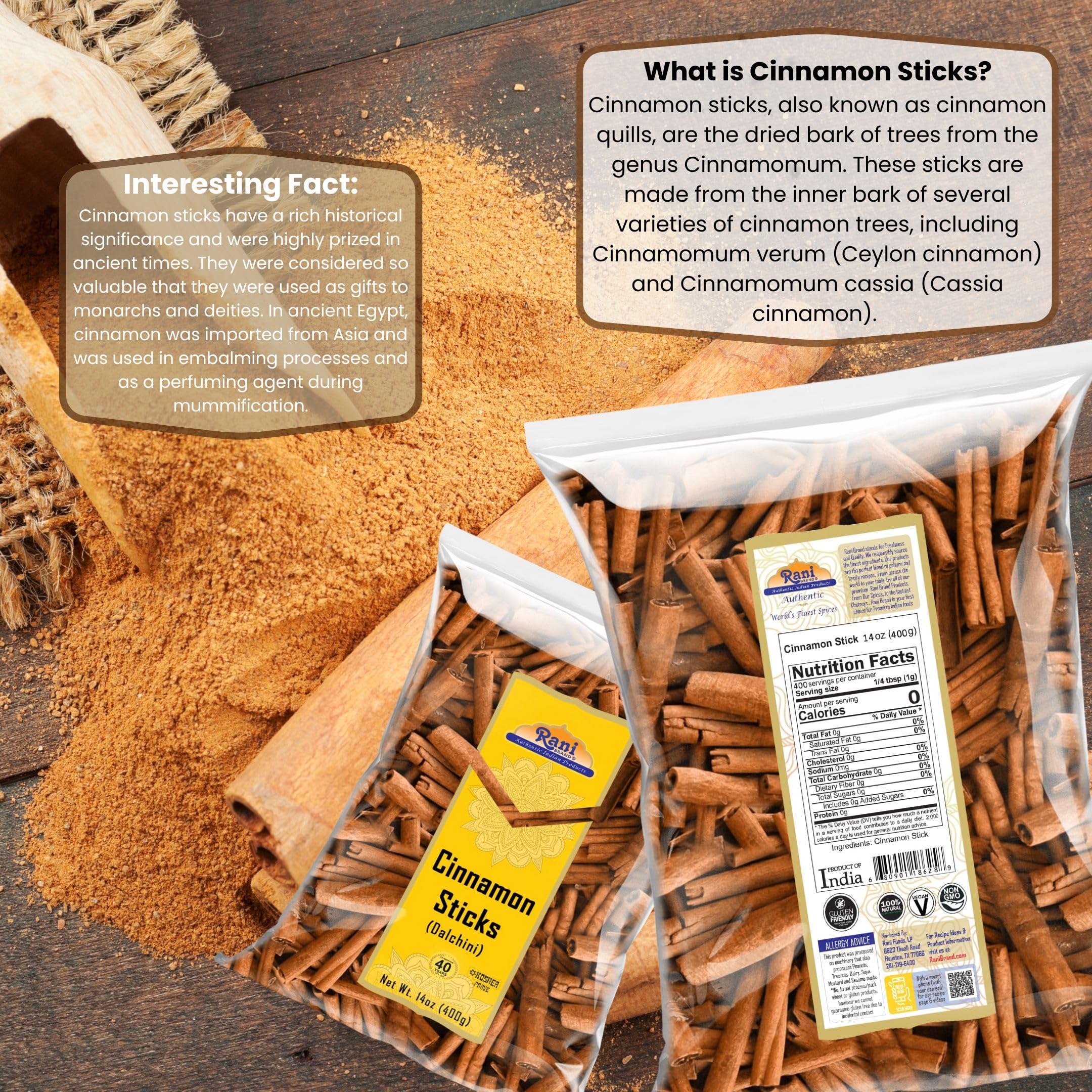 Rani Kosher-certified cinnamon sticks offer premium gourmet spice for cooking.